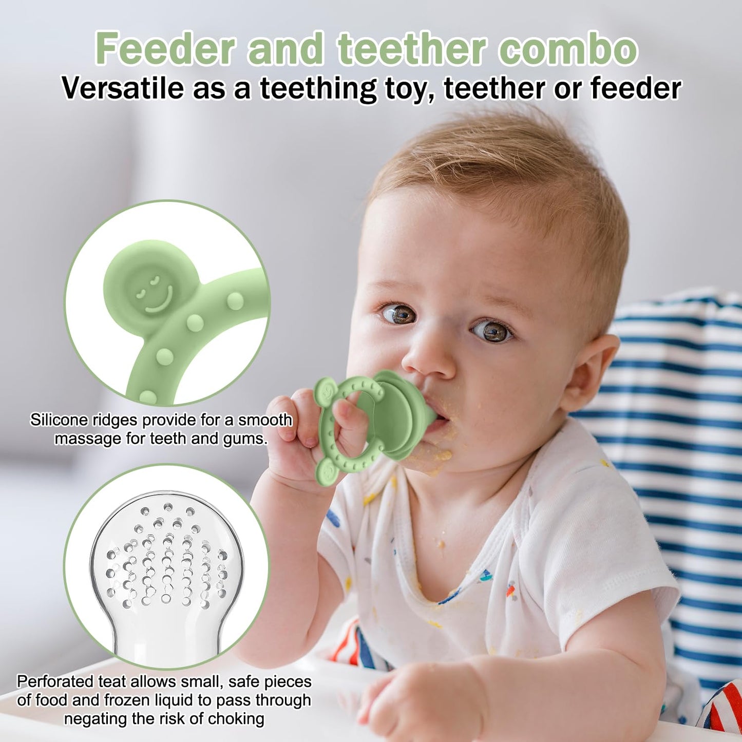 4 Pack Silicone Teething Mitten for Babies with Baby Fruit Food Feeder & Freezer Tray Set, BPA Free Infant Teething Relief Toy for 3 Month+, Additional Silicone Sacs