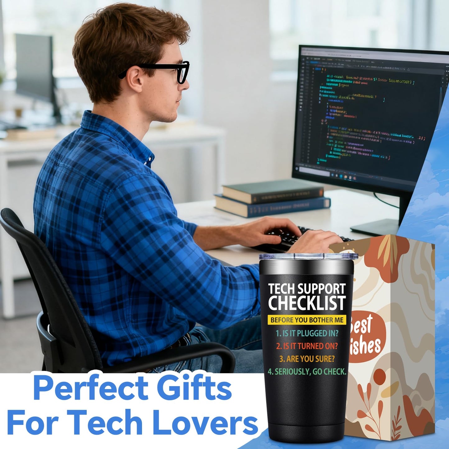 SpenMeta Tech Gifts for Men - Fathers Day, Birthday, Christmas Gift for IT Techies Guys, Geek, Computer Programmer - 20oz Tech Support Checklist Tumbler Cup