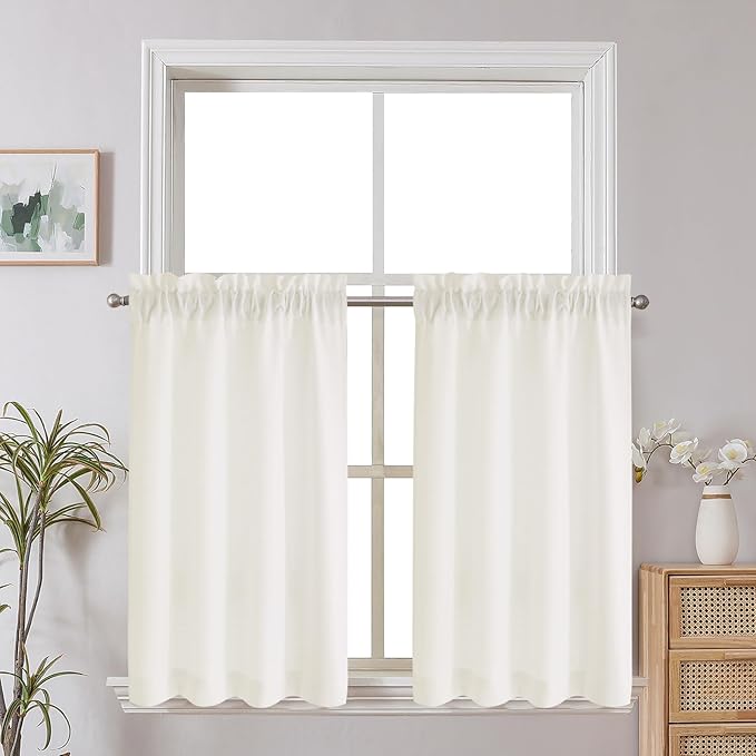 Chyhomenyc Kitchen Curtains 24 Inch Length, Light Filtering Short Window Curtain for Bathroom Basement, Yellowish Small Curtains, Each 30x24 Inch, 2 PCS, Cream