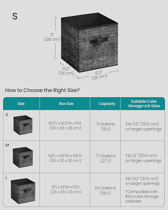 SONGMICS Storage Cubes, 10.2 x 10.2 x 11 Inches Non-Woven Fabric Bins with Double Handles, Set of 10, Closet Organizers for Shelves, Foldable, for Clothes, Ink Black UROB126B01