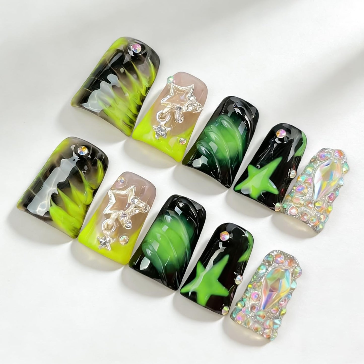 Handmade Press on Nails Medium Duck Nails,Black and Green Fake Nails with Star Rhinestone Design Reusable Acrylic Nature Stick on Nail Y2K False Nails for Wome (Size M)