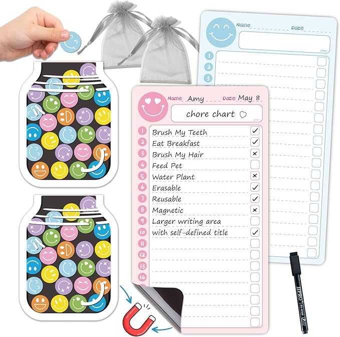 JJPRO Magnetic Reward Chart for Kids with Smiley Faces Reward Jars- 10" x5.5“ Reward Chore Chart for Toddlers,Daily Checklist for Kids,Behavior Chart List Board-Blue&Pink