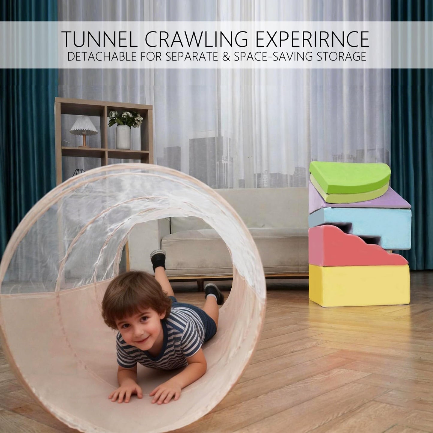 Foam Climbing Blocks Large-Scale Playset with Crawl Through Tunnel & Soft Fabric - 7+1 Piece Indoor Play Gym for Toddlers & Baby - Big Blocks Climber Toy for Crawling, Walking & Active Play (No Balls)
