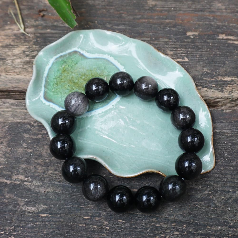 TaHLga 14mm Silver Obsidian Crystal Bracelet | XLarge Size | Natural Root & Third Eye Chakra Stone | Protection & Intuition | Fits for XLarge Wrist 8.5-9" | Come with Box & Pouch