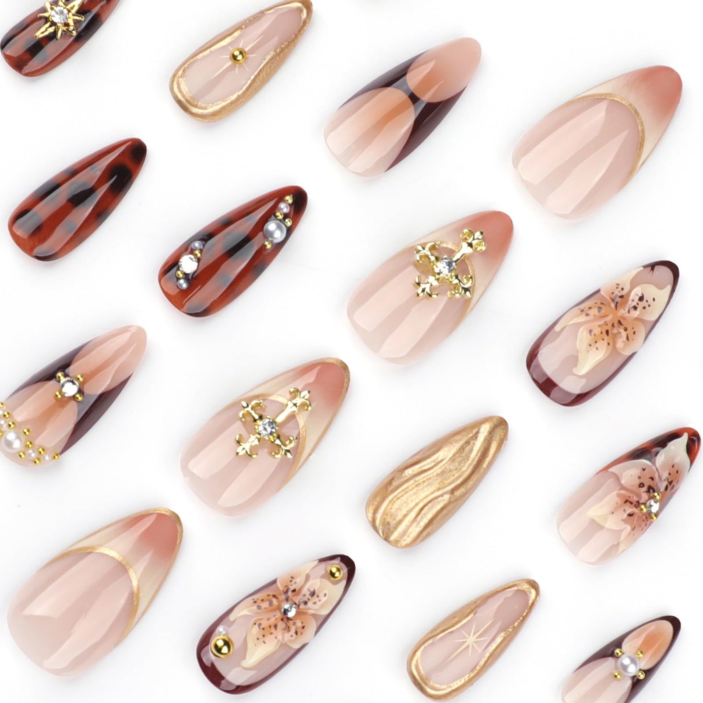 Mivota Medium Long Press on Nails Almond Brown Fake Nails with 3D Flowers Artificial Nails Gold Charm Designs, Thick Reusable Glue On Nails Fall Handmade Nails Floral Stick on Nails for Women 24Pcs