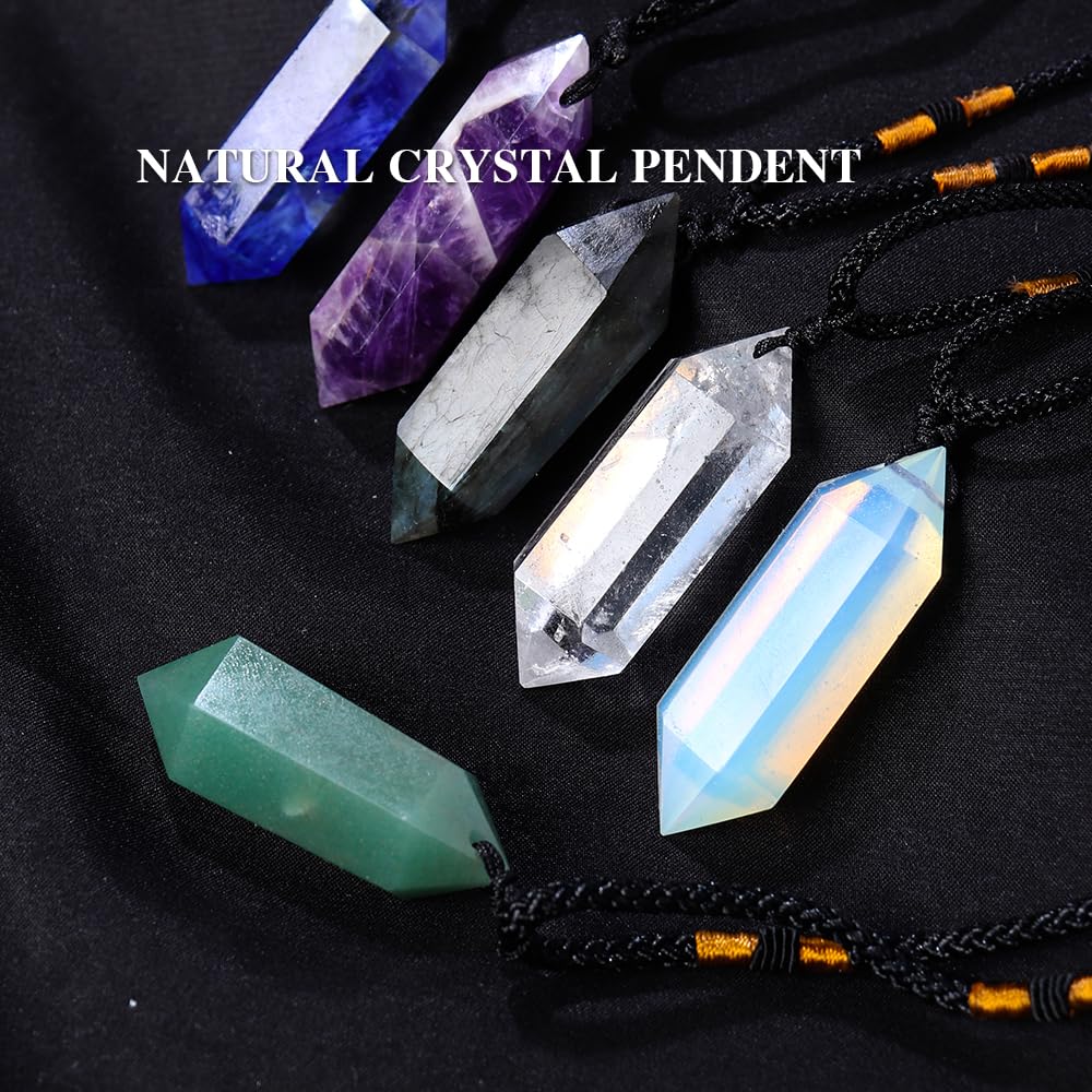 Runyangshi Opal Healing Crystal Pendants, Double Pointed Crystal Quartz Necklace 6 Faceted Chakra Crystal Wand Stone