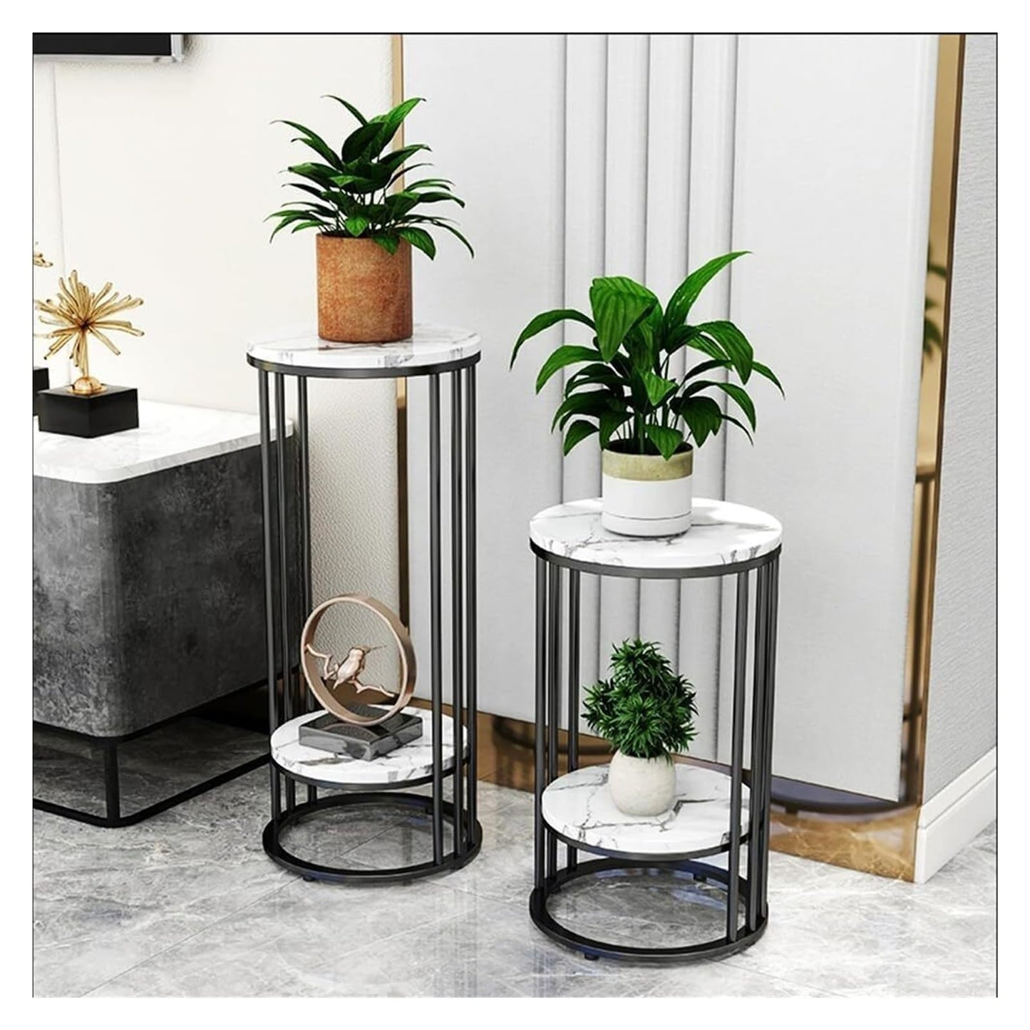 Tall Plant Rack, Flower Stand, Round Marble Sofa Side Table, 2 Tiers Small Coffee Table,for Families