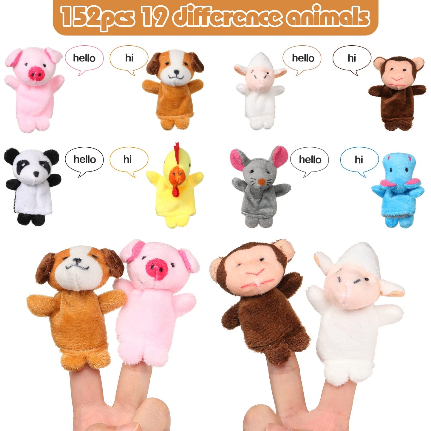 Meooeck 152 Pcs Finger Puppets Set 19 Different Stuffed Animal Finger Puppets Bulk Easter Egg Filler for Storytelling, Role Playing, Teaching, and Easter Gifts