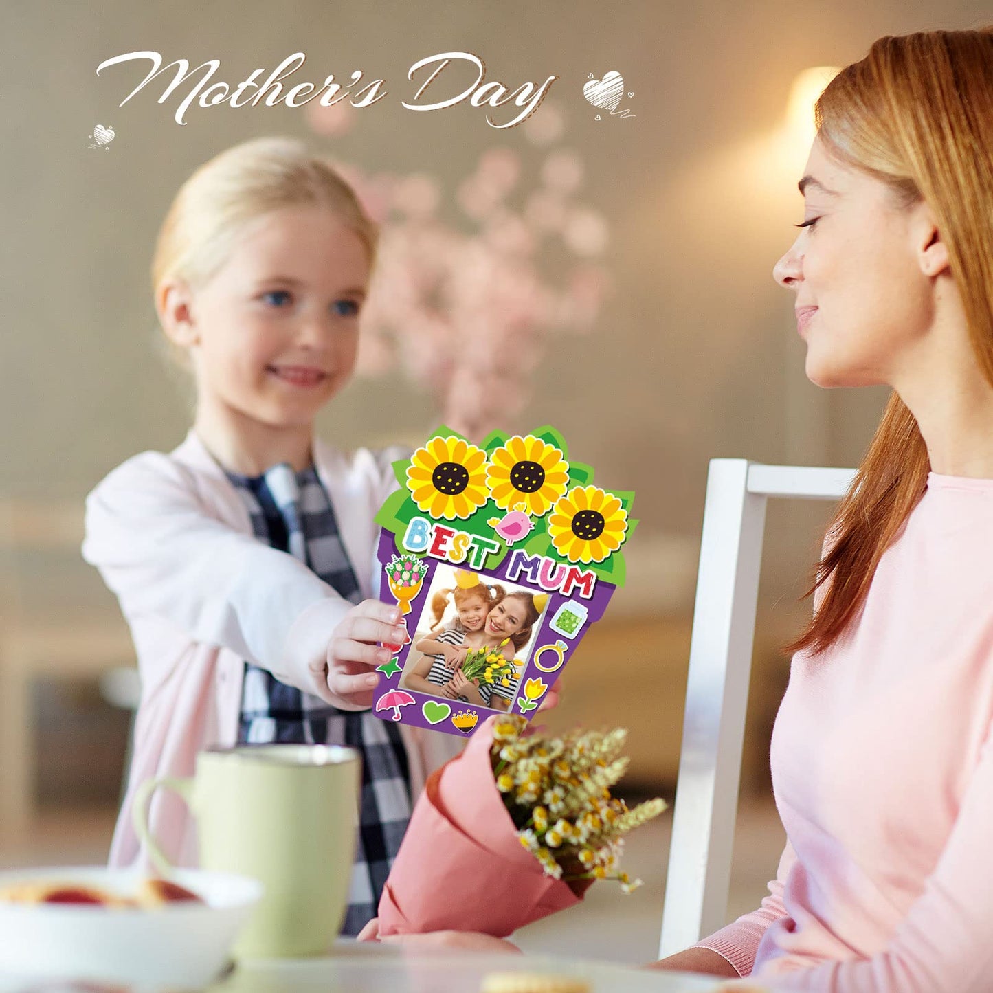 Fuutreo 96 Pieces Mother's Day Craft Kit, Mother's Day DIY Picture Frame, 48 Paper Photo Frames with 48 Sticker Sheets, DIY Classroom Activity, Party Decor, Mom Gift(Flower)