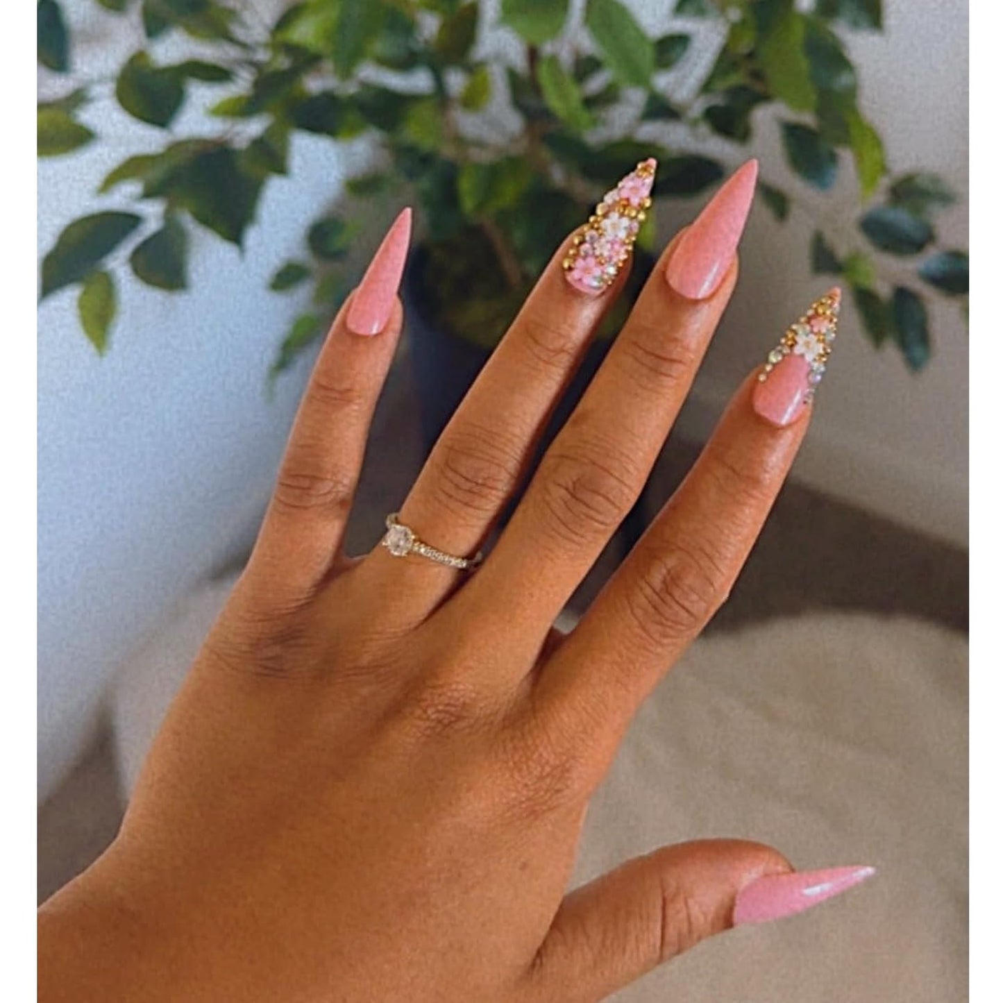 IMRAIN Long Press on Nails Stiletto Pink Fake Nails Rhinestone & Flower Designs Glossy Glue on Acrylic Nails Full Cover Luxury Bling Handmade Stick on False Nails for Women 24Pcs