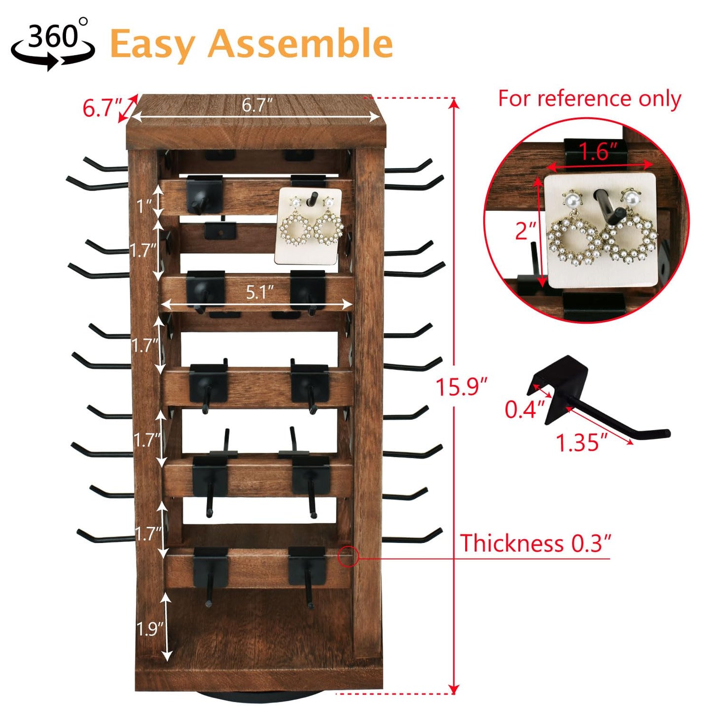 Ikee Design 5 Tiers Easy Assemble Wood Rotating Jewelry Display Tower with 42 Removable Hooks,Spinning Earring Card Storage Display Stand for Store, Showcase, Tradeshow and Home,Brown Color