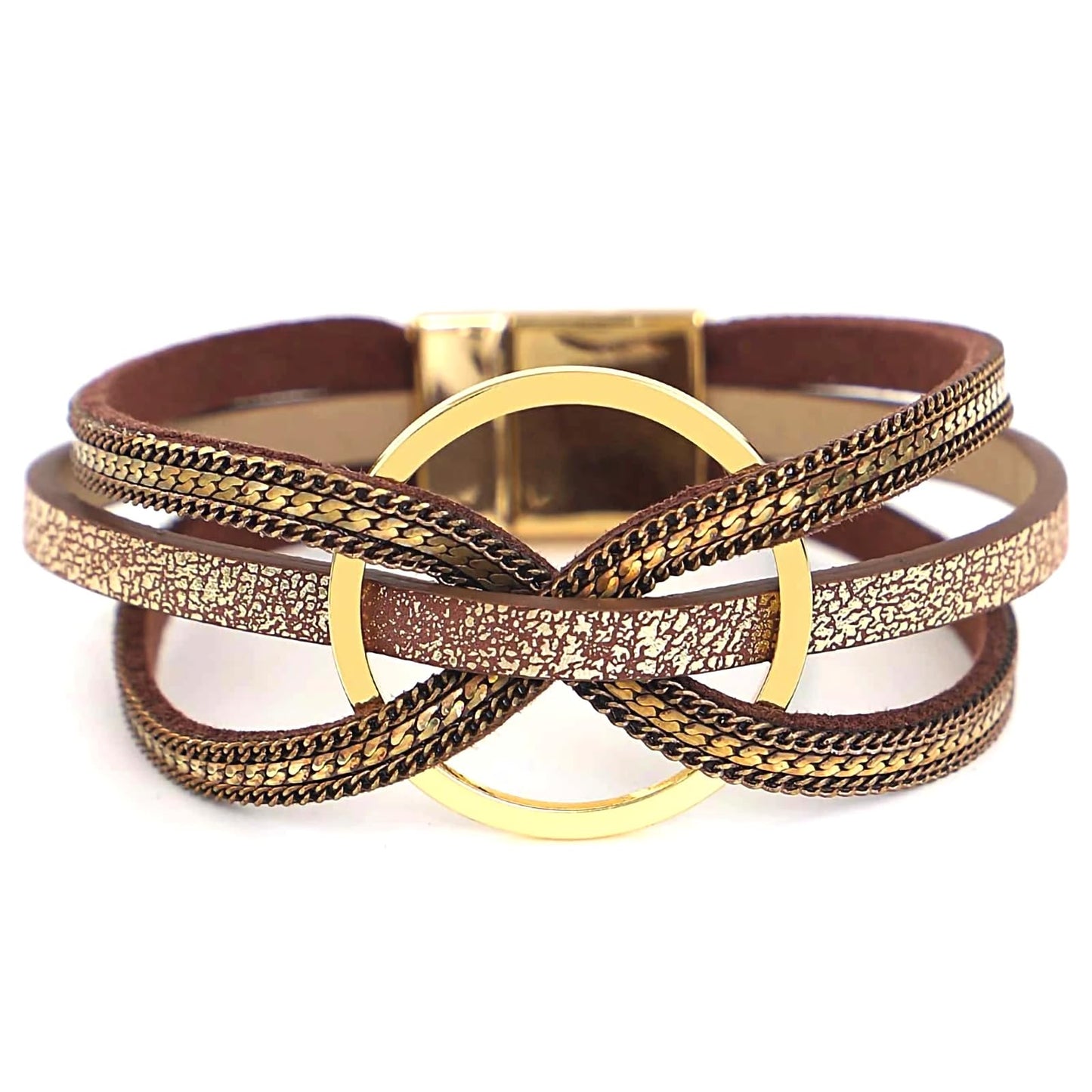 Leopard Bracelet for Women, Boho Leather Wrap Multi-Layer Pearl Crystal Bracelet Bangle Jewelry (Circle(Brown))