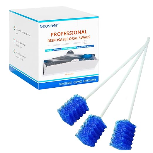 Oral Swabs Disposable 200 Count – Longer Handle Medical-Grade Sponge Mouth Swabsticks, Individually Wrapped - Latex-Free, Non-Abrasive Oral Sponge Swabs for Elderly, Home & Hospital Use (Blue)