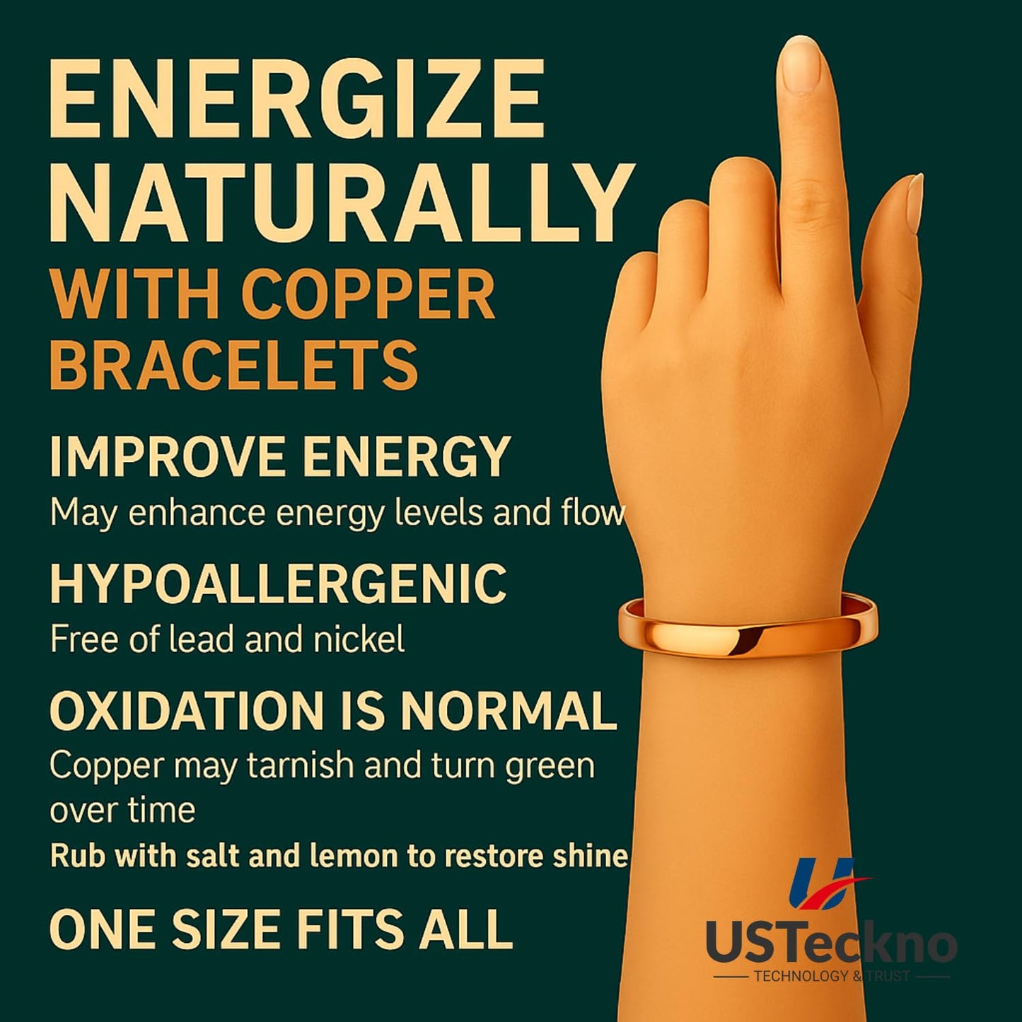 USTeckno Hand Forged 100% Pure Copper Bracelet. Made with Solid High Gauge Copper and Health benefits. Enhance your well-being in style