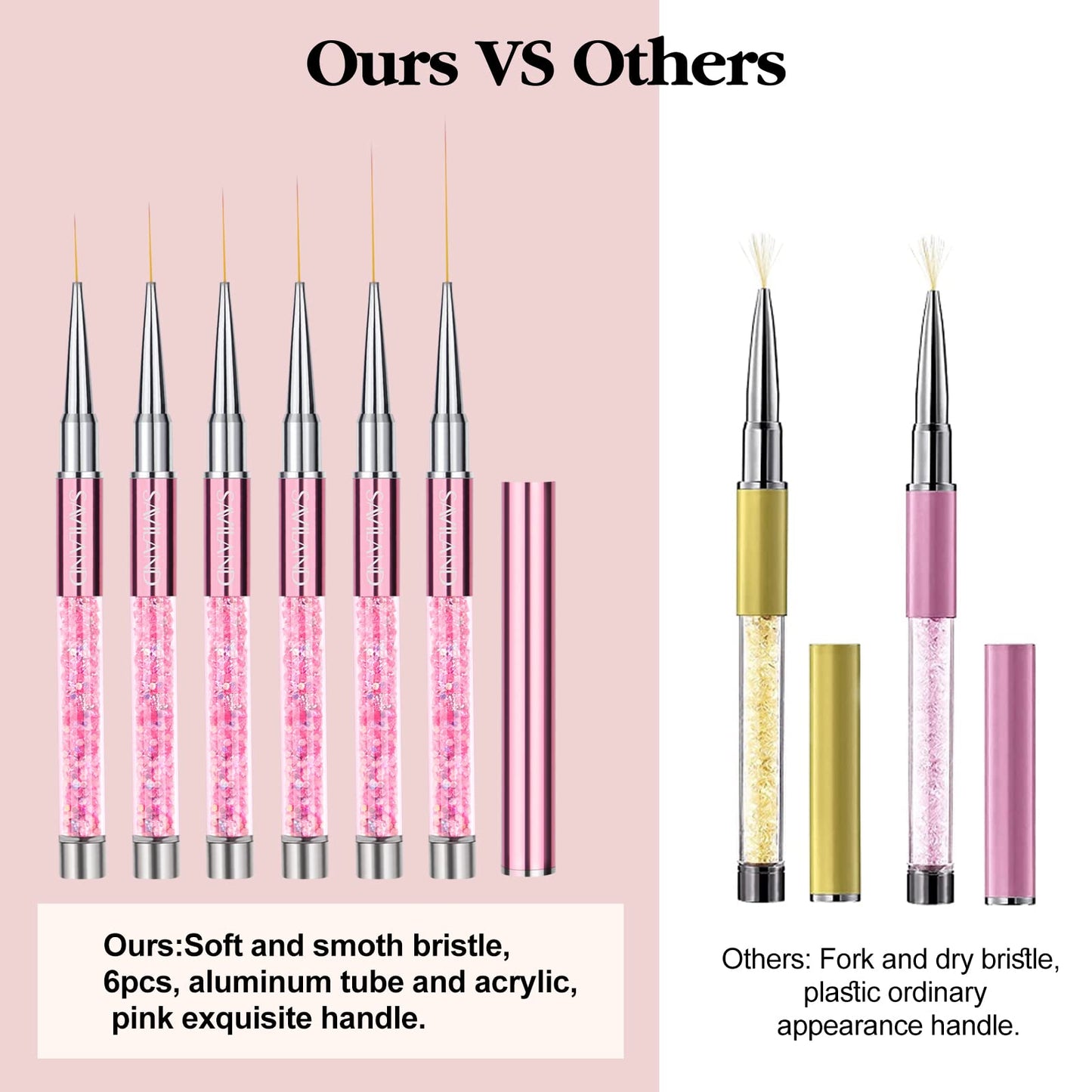 SAVILAND 6pcs Nail Art Liner Brushes & 5pcs Multi-Size Dotting Tools Set - Nail Brush Gel Polish Painting Nail Art Design Brushes Pen with Crushed Diamond Rhinestone Handle for Pulling Lines