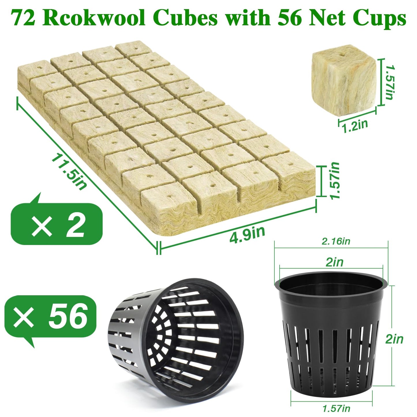 Halatool 72PCS 1.2 Inch Rockwool Cubes with 56PCS 2 Inch Net Cups for Hydroponics Great Kratky Hydroponics Kit for Soilless Cultivation Cloning Plants Growing Seeds