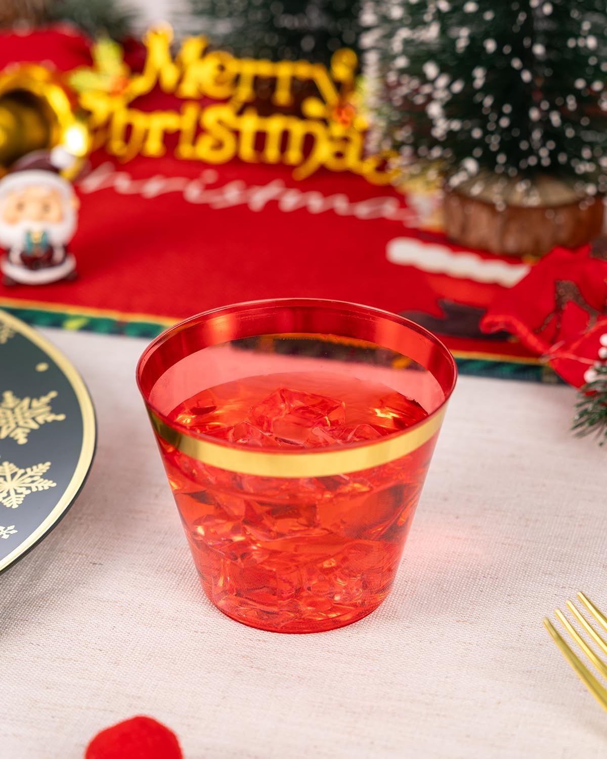 Goodluck 50PCS 9oz Red and Gold Plastic Cups for Party, Disposable Gold Rim Cups, Plastic Cocktail Glasses for Wedding Thanksgiving, Christmas, and Parties