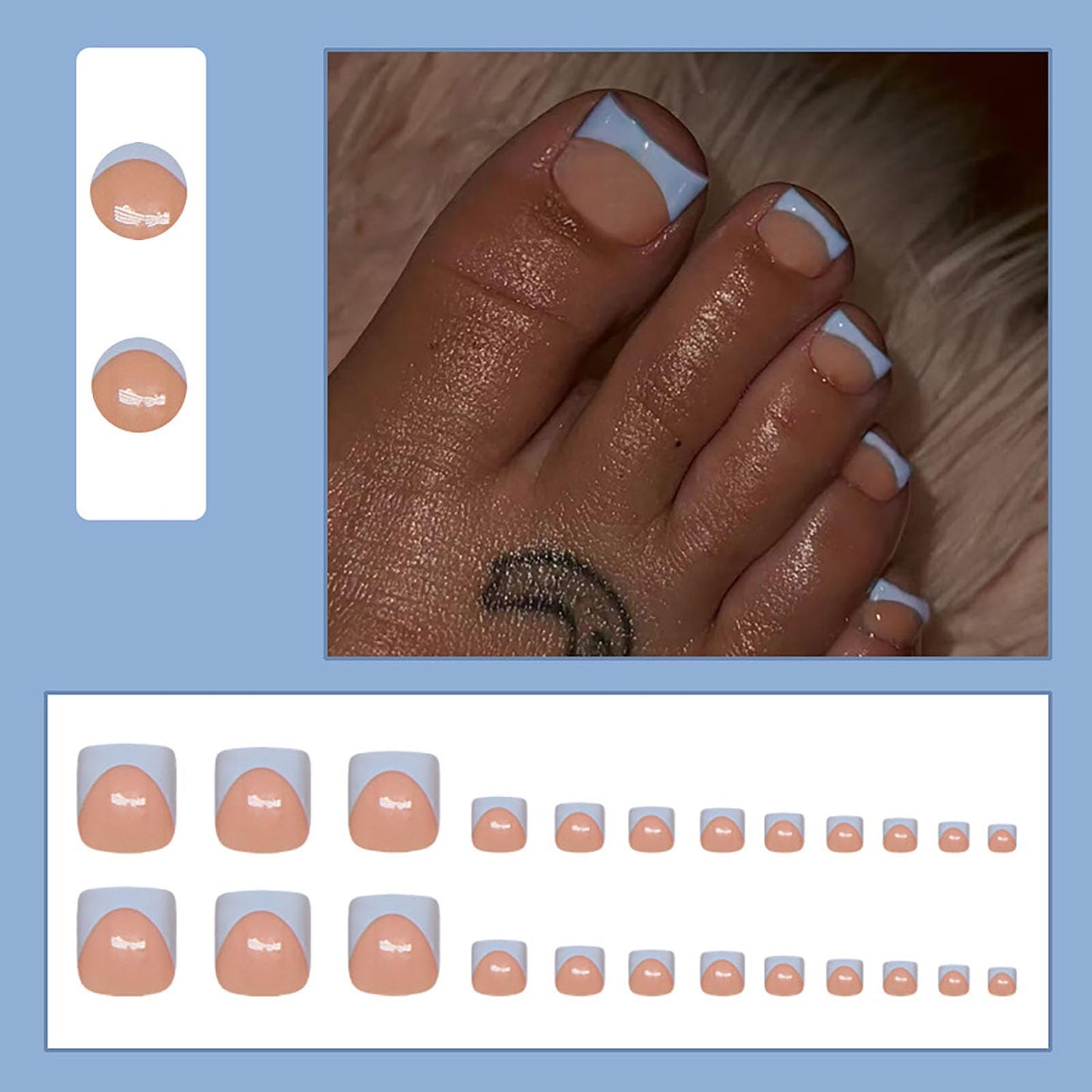 RUOKEXIN Short Press on Toenails Blue French Tip Fake Toenails with Designs Square Toe Nail Press ons Sparkly Artificial Nails for Women 24Pcs