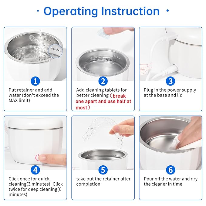 Ultrasonic Retainer Cleaner Machine ，18W/50kHz Specifically Designed for Cleaning Retainers，80ML Portable Ultrasonic Pod Including 6 Free Retainer Cleaner Tablets for Deeper Cleaning（White，YKL ）