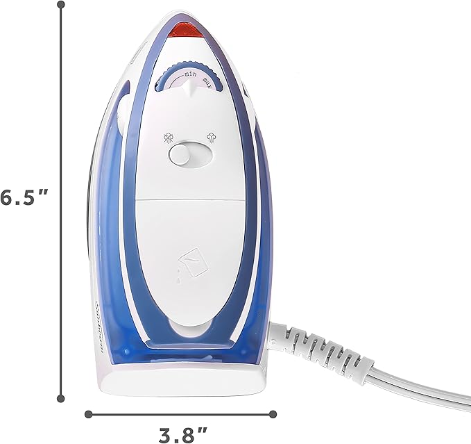 Sunbeam Hot-2-Trot Travel Steam Iron, 800 Watt Dual Voltage 120/240, Compact Size, Portable, Non-Stick Soleplate, Soft Touch Handle, Horizontal or Vertical Use, White and Blue
