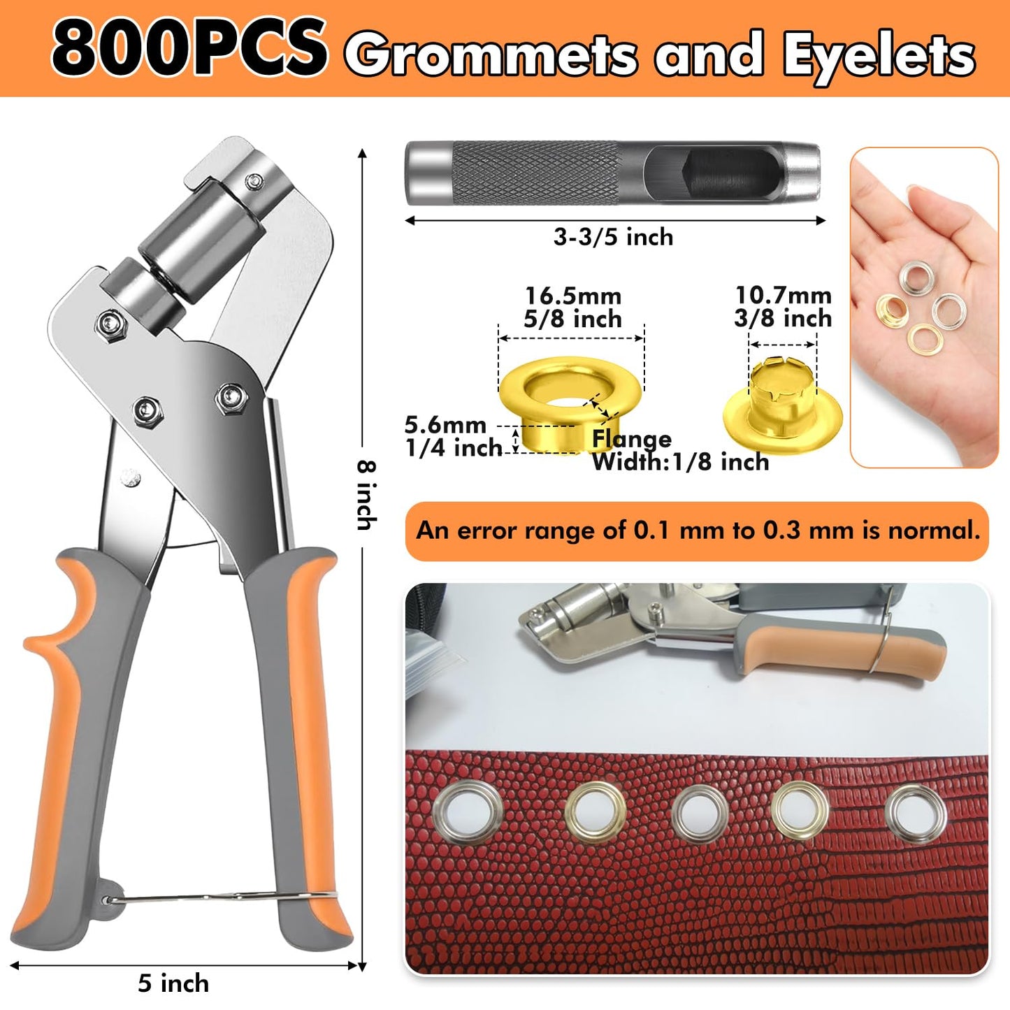 Grommet Tool Kit 3/8 Inch with 800 Pcs Eyelets Grommets and Storage Bag, Handheld Metal Grommet Kit Tarp Grommet Maker Kit Grommet Pliers Punch for Tarps Fabric Leather