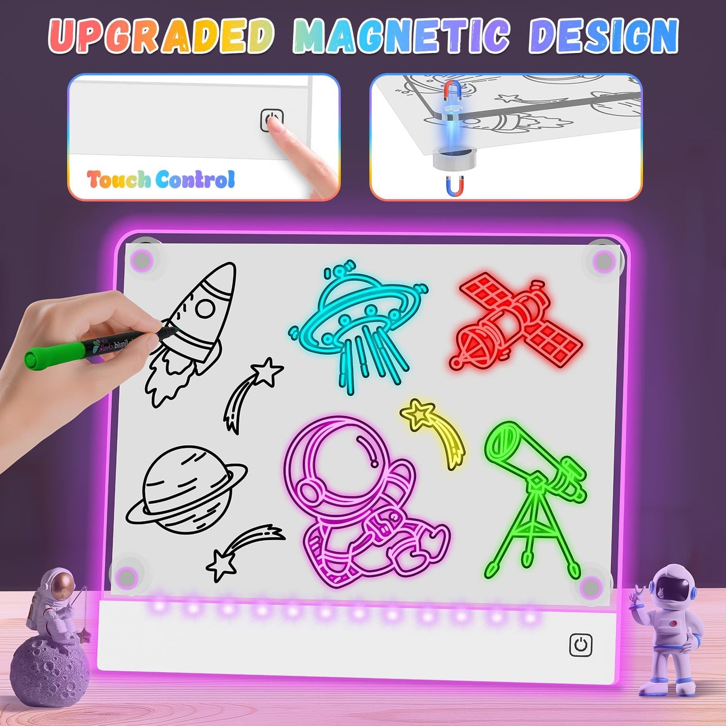 2pack Rechargeable LED Drawing Board for Kids with 7 Colors, Magnetic LED Note Lumi Board with 4 Magnets and Invisible Stand, Light up Acrylic Dry Erase Board Gift Toy for Kids/Girls