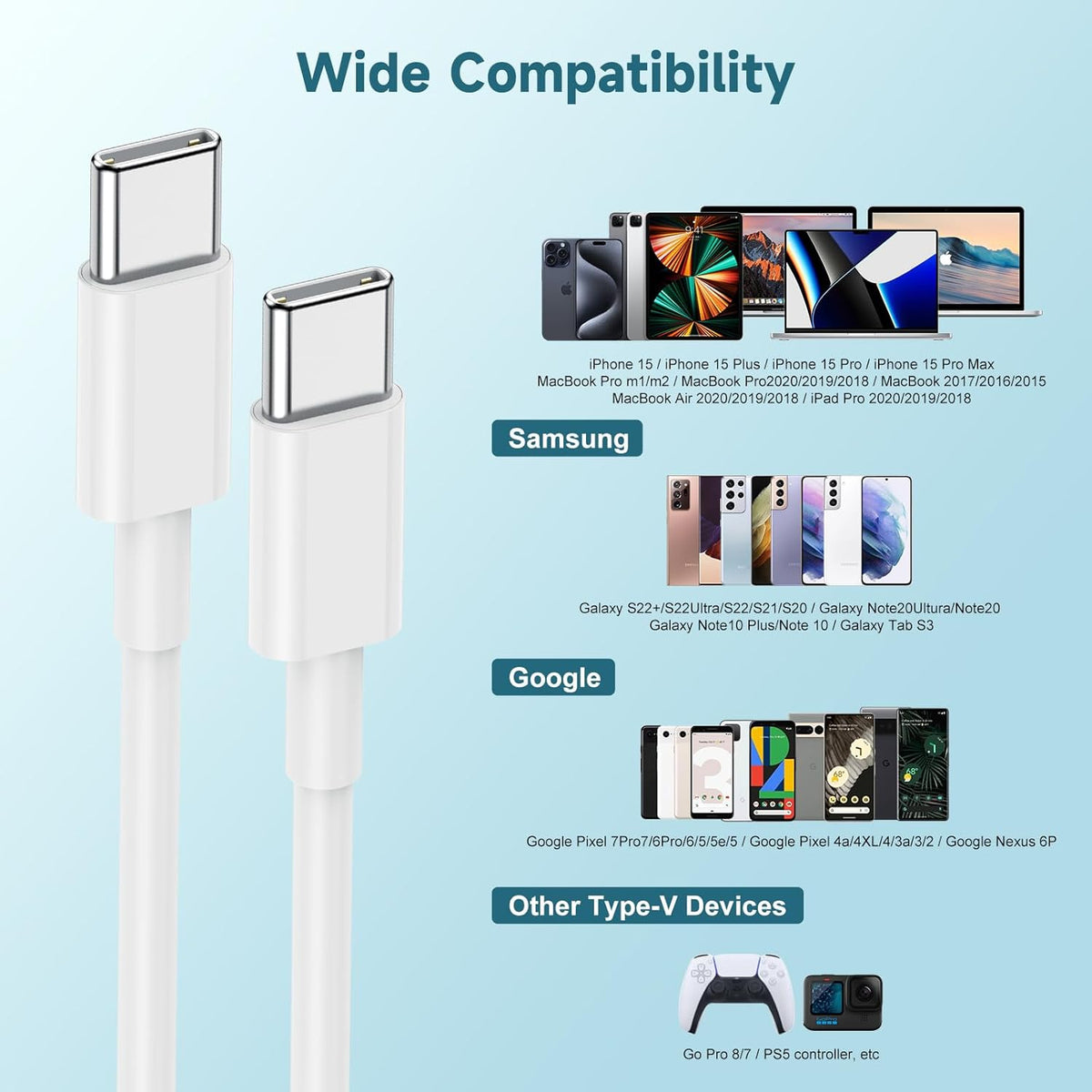 [3+6+10FT] 60W USB C to USB C Cable 3Pack iPhone 15 Fast Charging Cable,USB-C to USBC Power Cord for iPhone 15/15 Pro/15 Plus/15 Pro Max,MacBook Pro Air/IPad Air 4/5/iPad Pro 12.9/11(White)