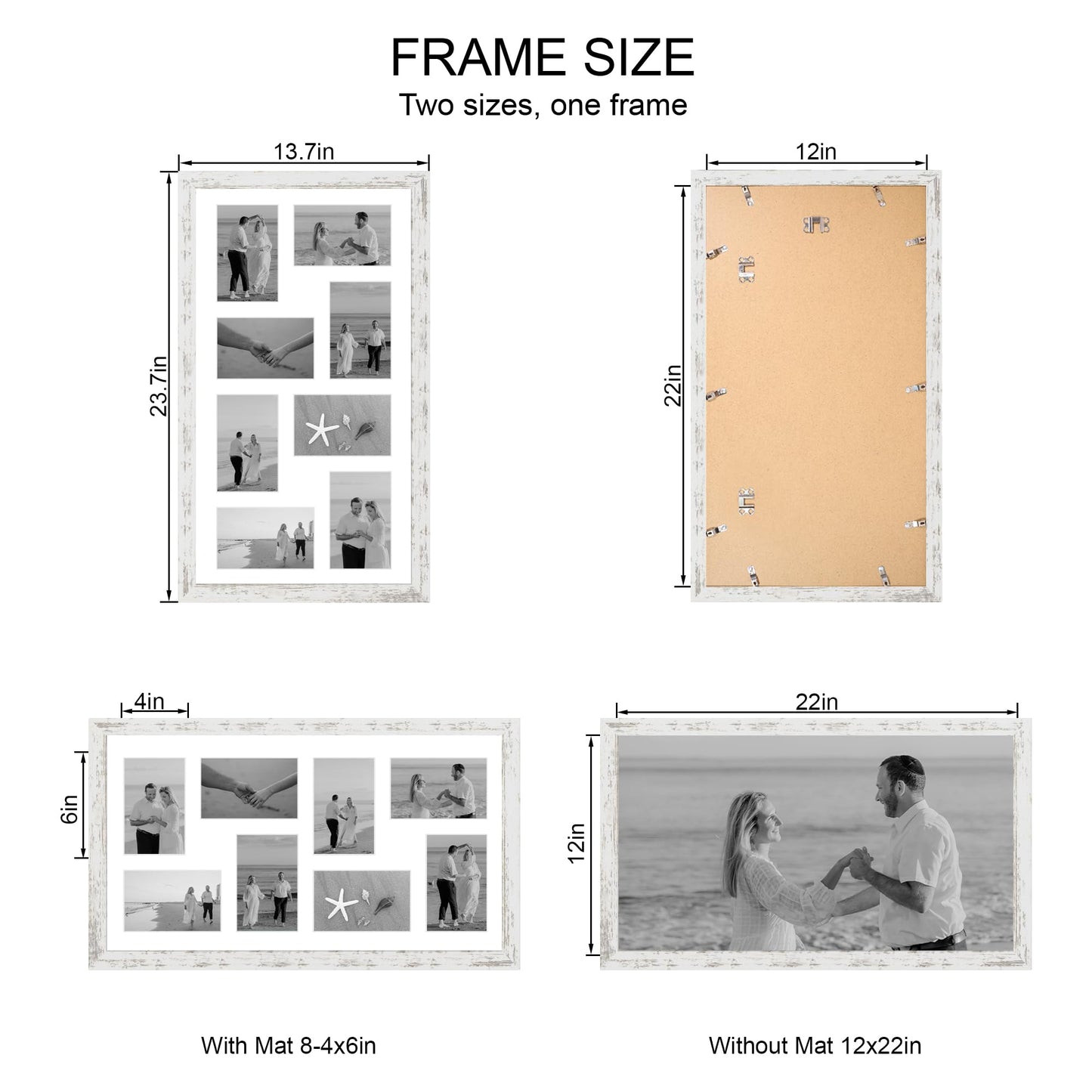 Hongkee 12x22 Picture Frame Set of 2, Distressed White with Glass Collage Frame, Display Eight Opening 4x6 Photos With Mat or 12 x 22 Newspaper Without Mat - Horizontal or Vertical Wall Mounting