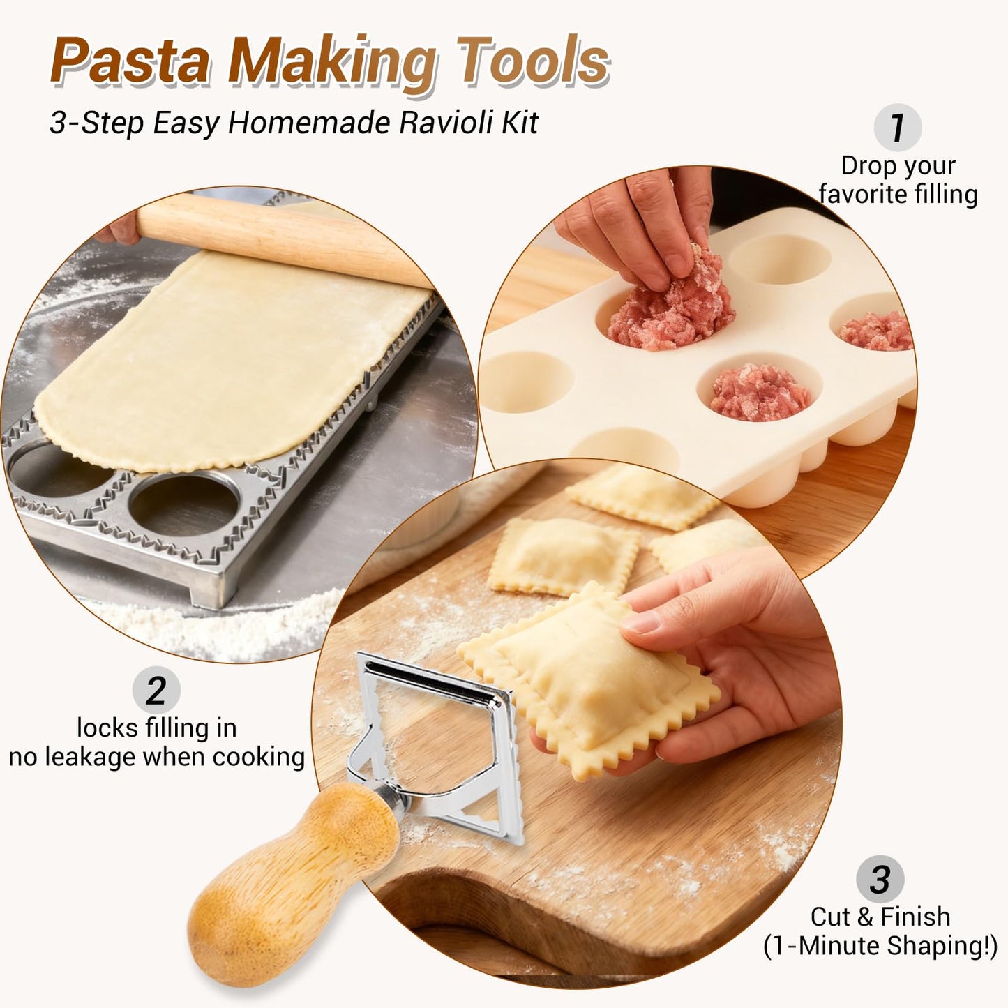 5 Pcs Ravioli Maker Set, Ravioli Cutter and Ravioli Mold with Wood Rolling Pin, 2-Inch Square Pasta Stamp Press for Homemade Italian Ravioli, Kitchen Pasta Making Tools for Baking Enthusiasts