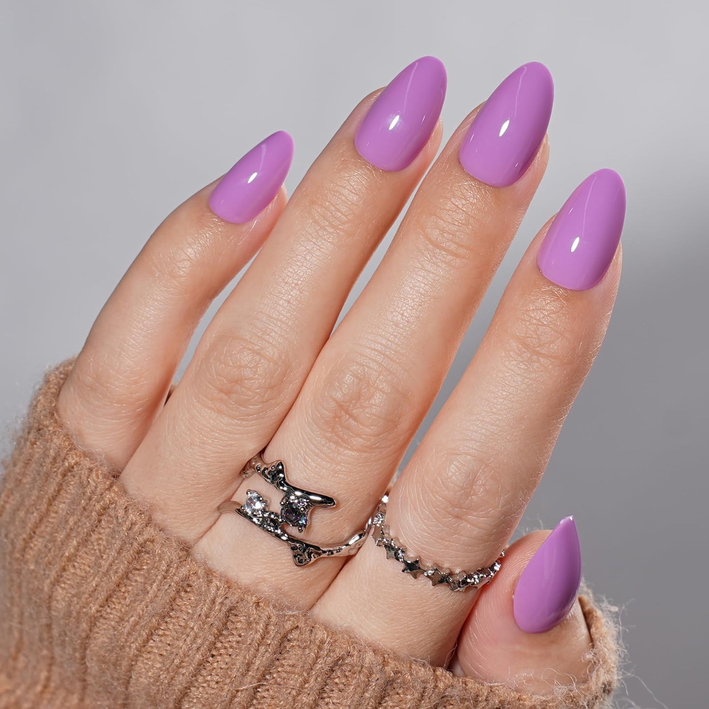 Sifvoo Purple Press On Nails Short Almond, Glossy Reusable Press On Nails for Women, 32 Count 16 Sizes Nail Kit with Glue (SV-13)