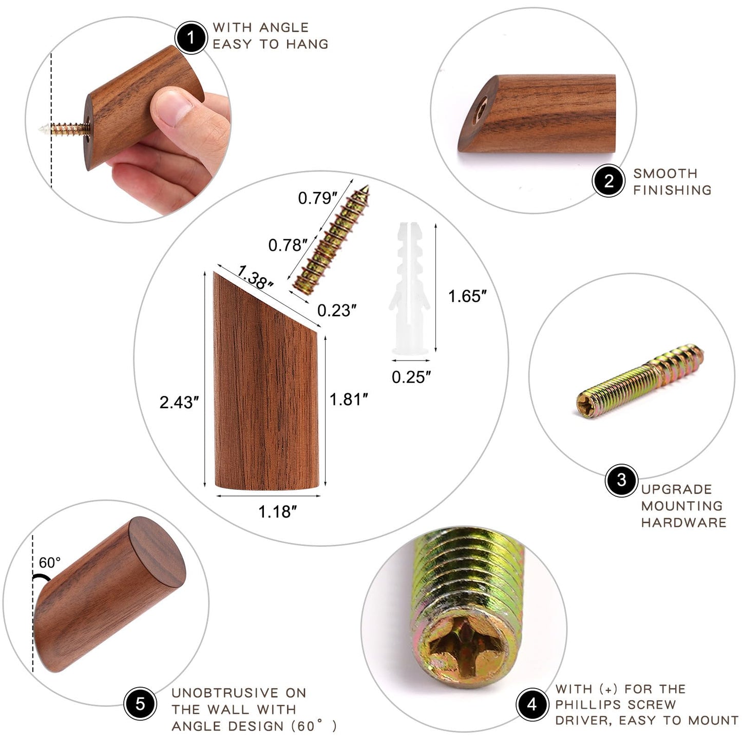 Felidio Wood Wall Hooks, 6 Pack Natural Wooden Coat Hooks Wall-Mounted, Rustic Heavy Duty Hook for Hanging Towels Coats Plants, Entryway Hat Hanger Wall Coat Rack (Walnut Wood)
