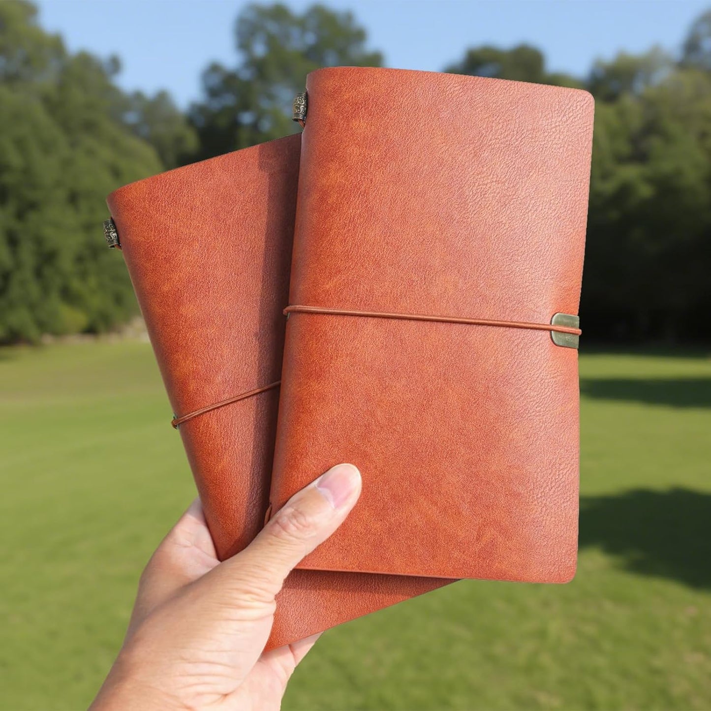 Refillable Journal Travelers Notebook - 7.8 x 4.7 Travel Diary made of PU leather, with 5 Inserts, add 2 Pens and pen Holder and Binder Clip and Transparent Card insertion bag with storage case (2 sets)