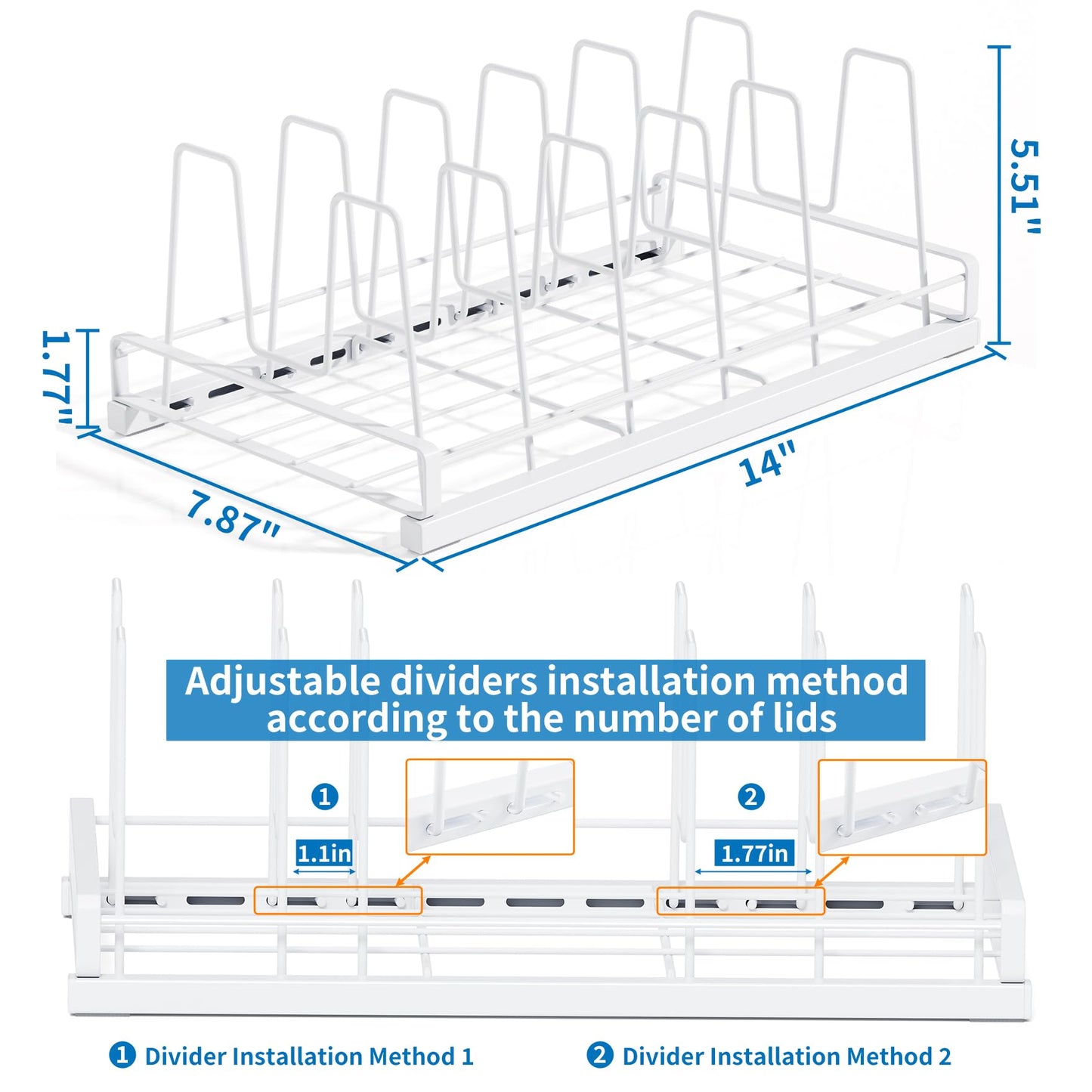 GAGUIUP Food Container Lid Organizer, Adjustable 6 Dividers Full-Metal Pot and Pan Organizer Rack for Kitchen Cabinets, Drawers, Cupboards, Pantry Shelves Storage, White