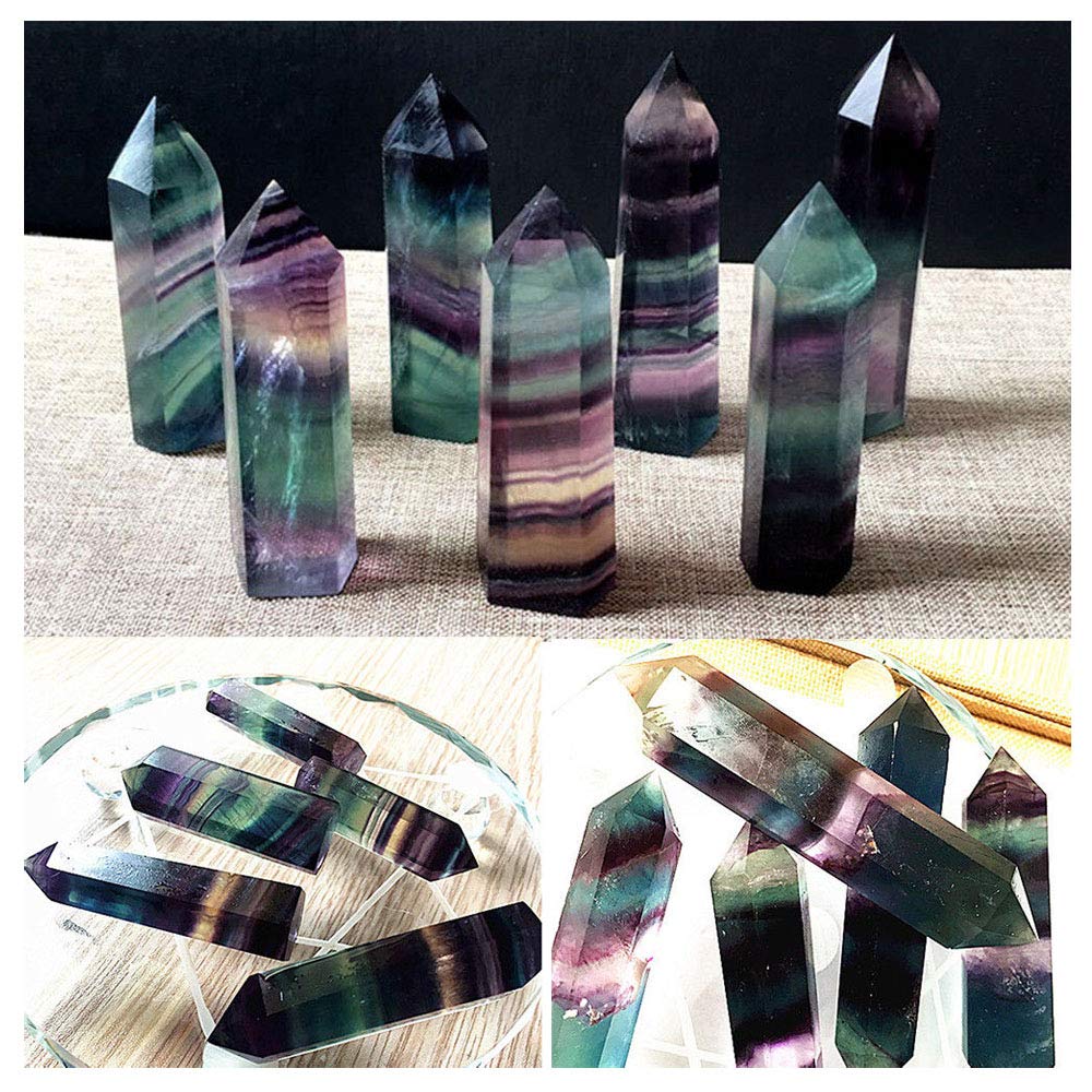 Comidox 2Pcs Natural Rainbow Fluorite Quartz Crystal Hexagonal Wand Healing Crystal Stone Purple Green Gem for Feng Shui Decor Home Office Decor