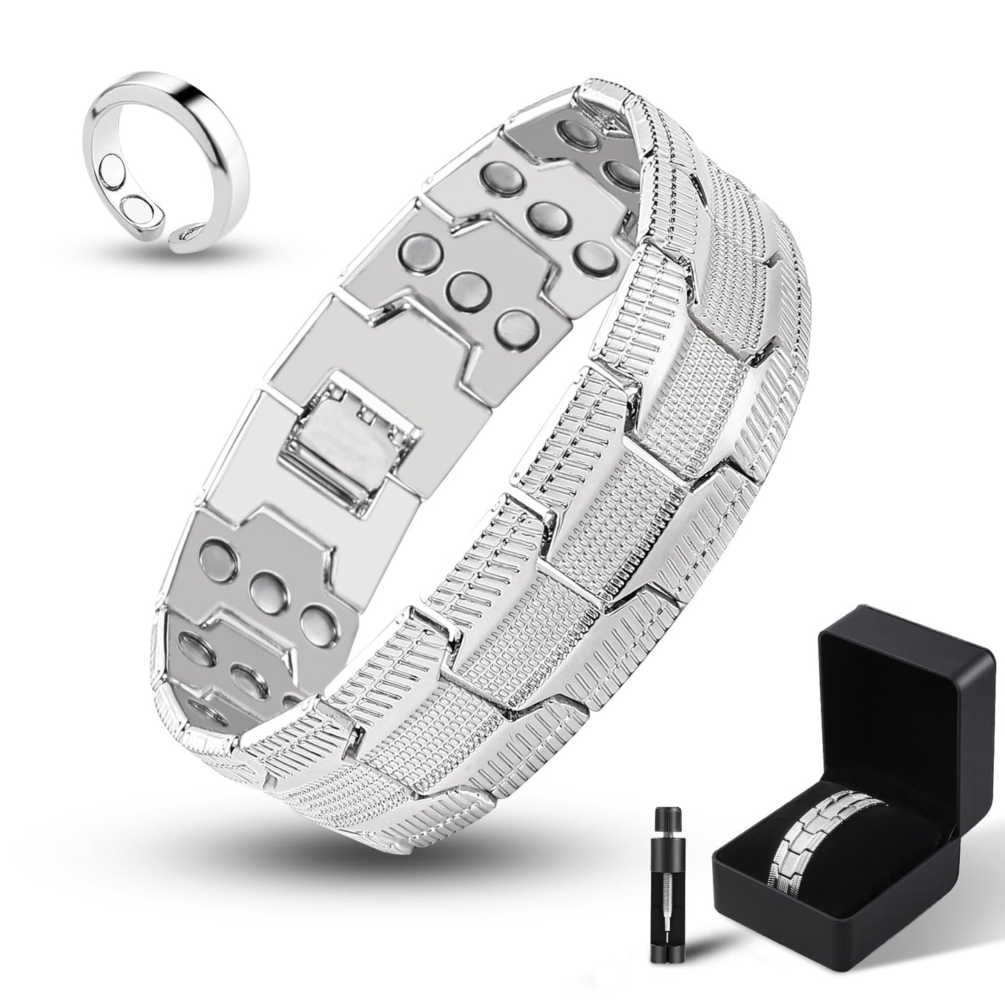 Fvbber 3X Magnetic Bracelets for Men Triple Strength Magnets with Pure Copper Adjustable Length Bracelet for Wrist Support & Wellness - Includes Sizing Tool and Gift Box (Silver)