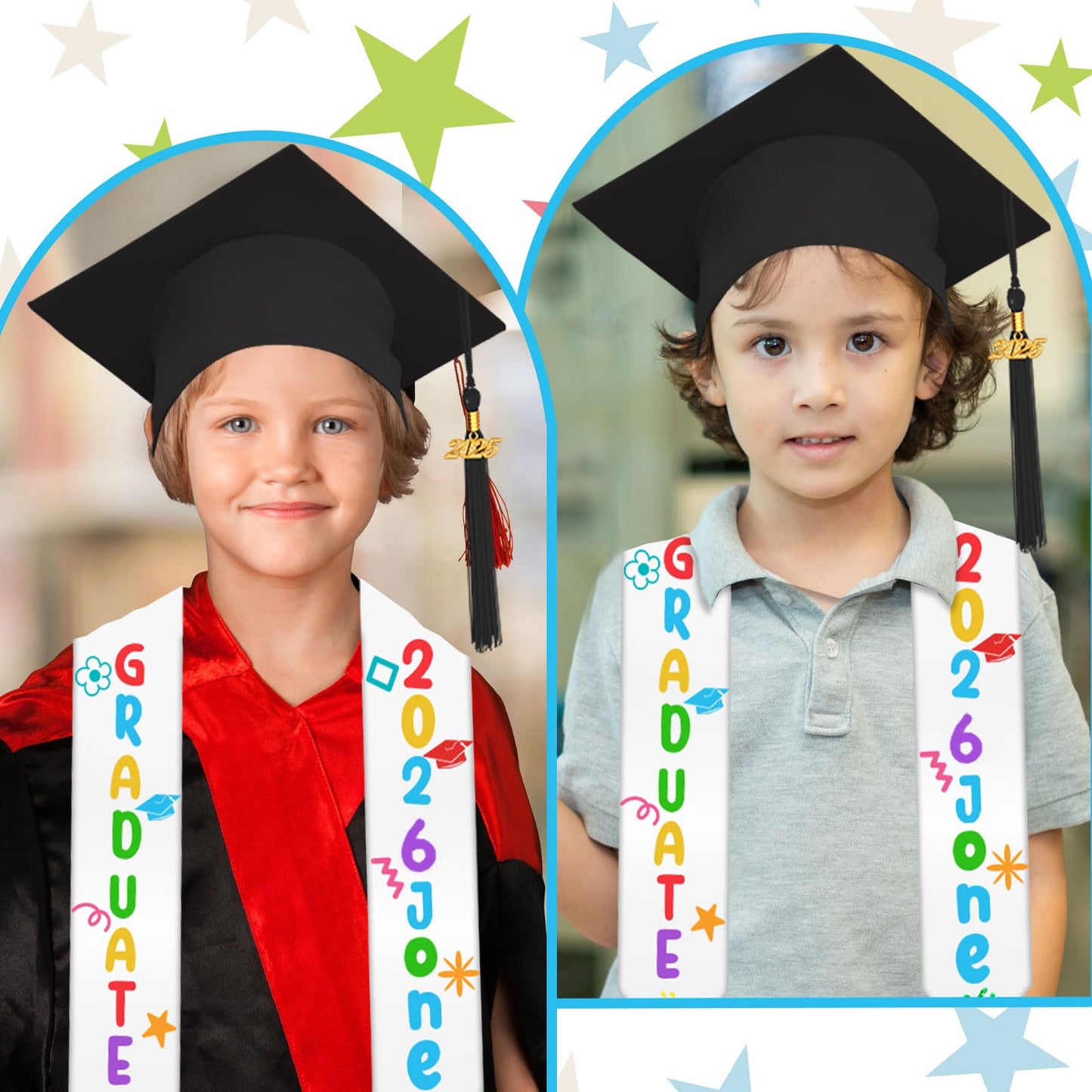 8 Pcs 2026 Preschool Kindergarten Graduation Cap Stole Iron on Decal Set Graduation Cap and Sash Blank Stole Graduation Gifts for DIY Crafts Kit