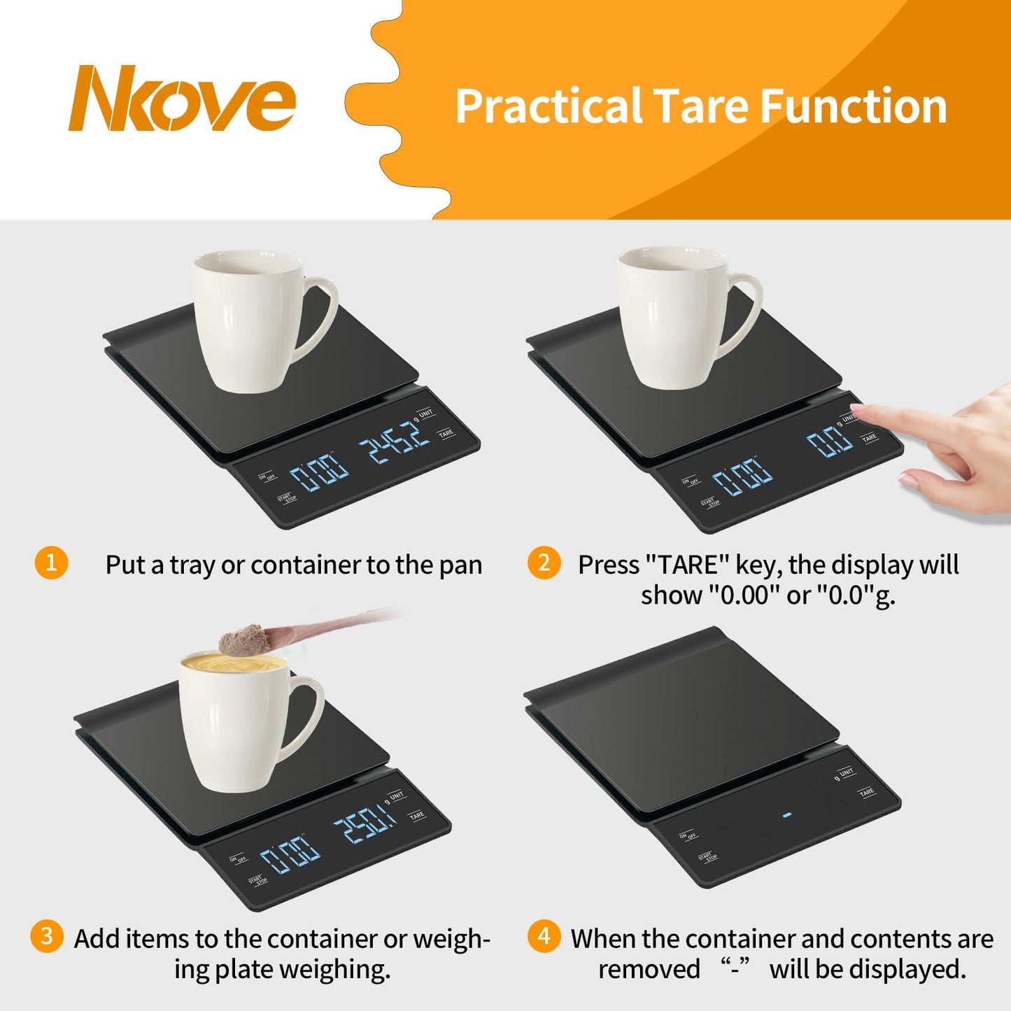 NKOVE Digital Coffee Scale with Timer 3kg/0.1g High Precision Espresso Scale Tare Function for Pour Over Maker Brew
