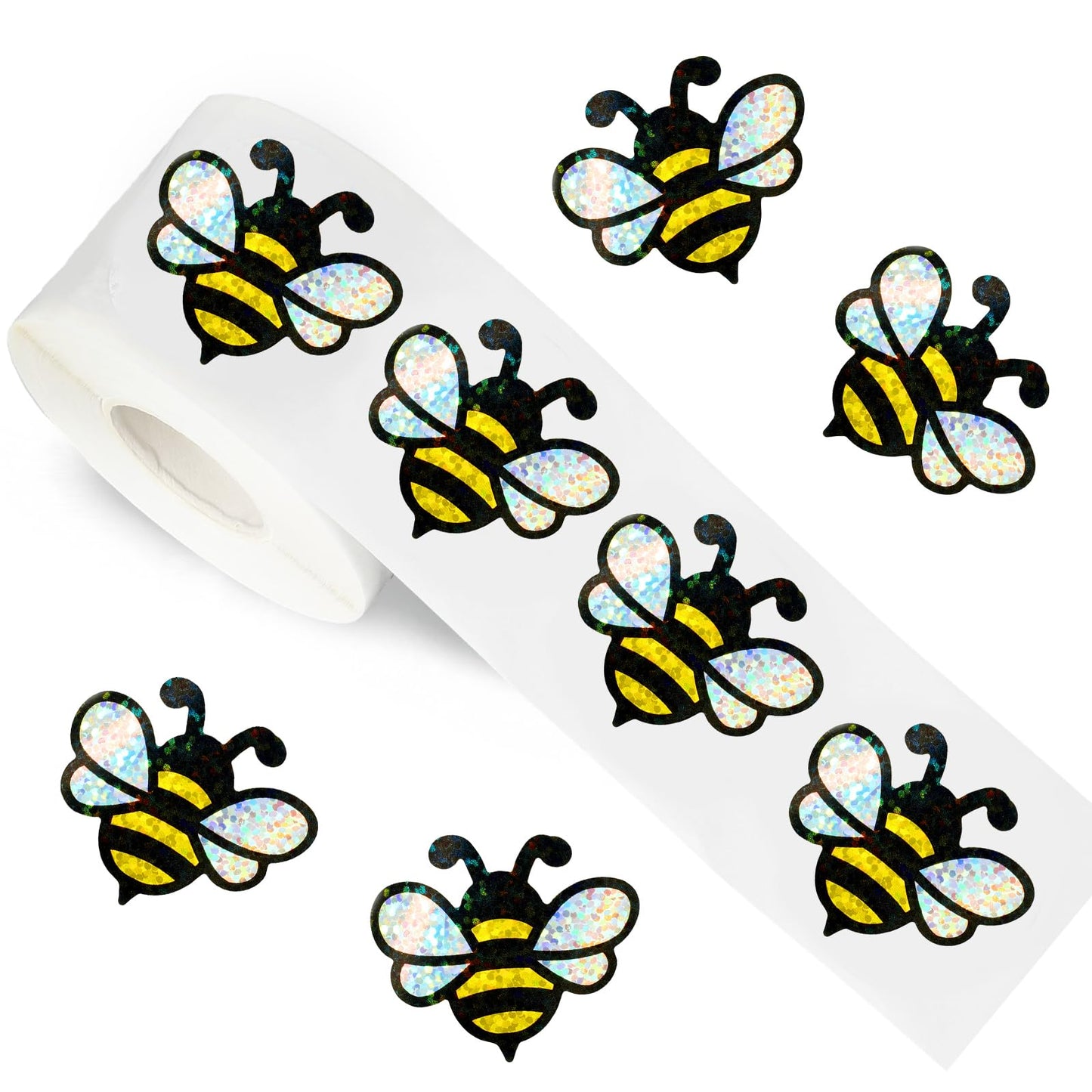FYSUIMU 500Pcs Bee Stickers 1.5 Inch Summer Holographic Bumble Bee Sticker Decals Roll Sparkly Honeybee Reward Labels for School Classroom Office Planner Envelope Scrapbook DIY Supplies