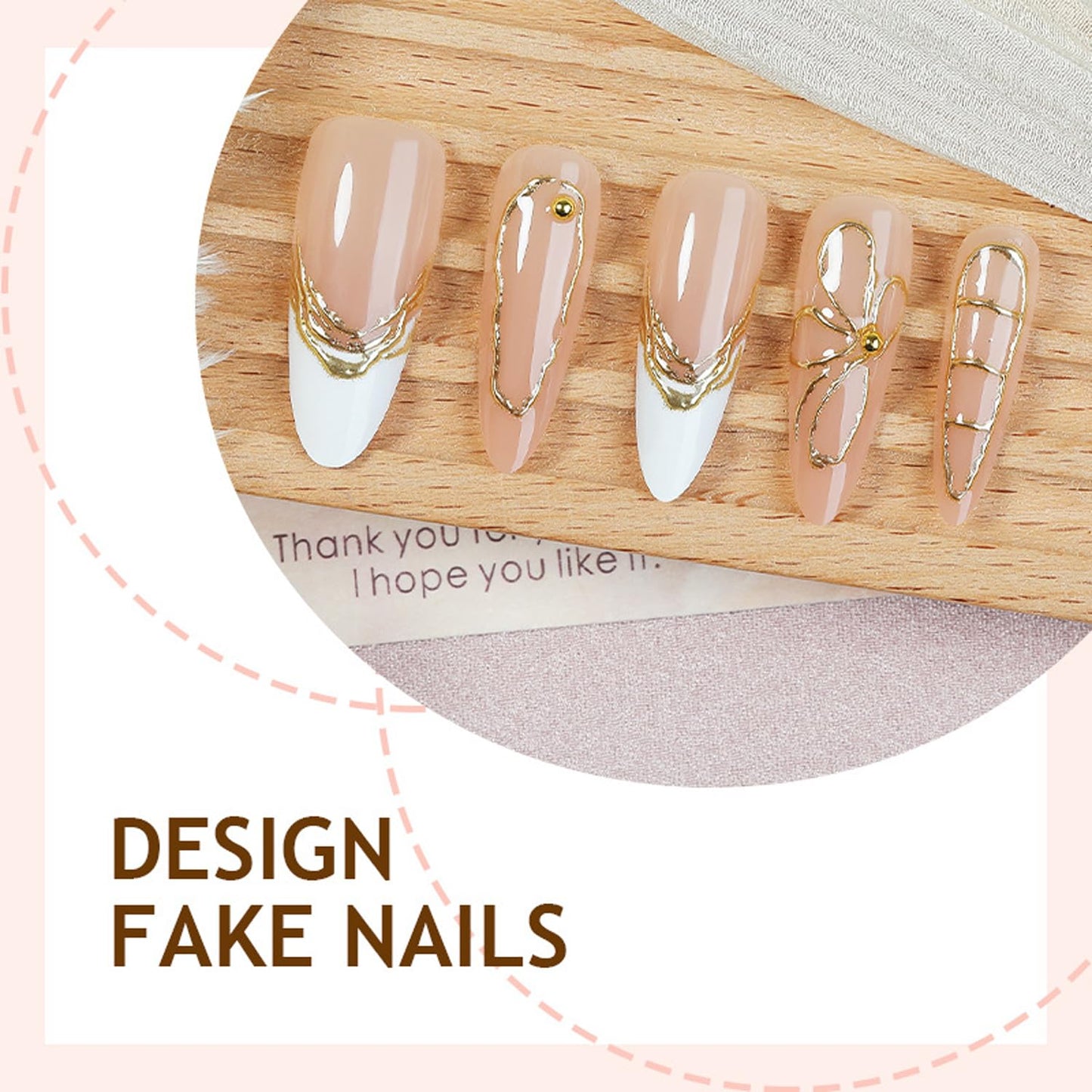 Long Stiletto Press On Nails French Tip Fake Nails 3D Gold With Flower Design Nude False Nails Acrylic Stick On Nail Cover Artificial Nail For Women Manicure 24pcs
