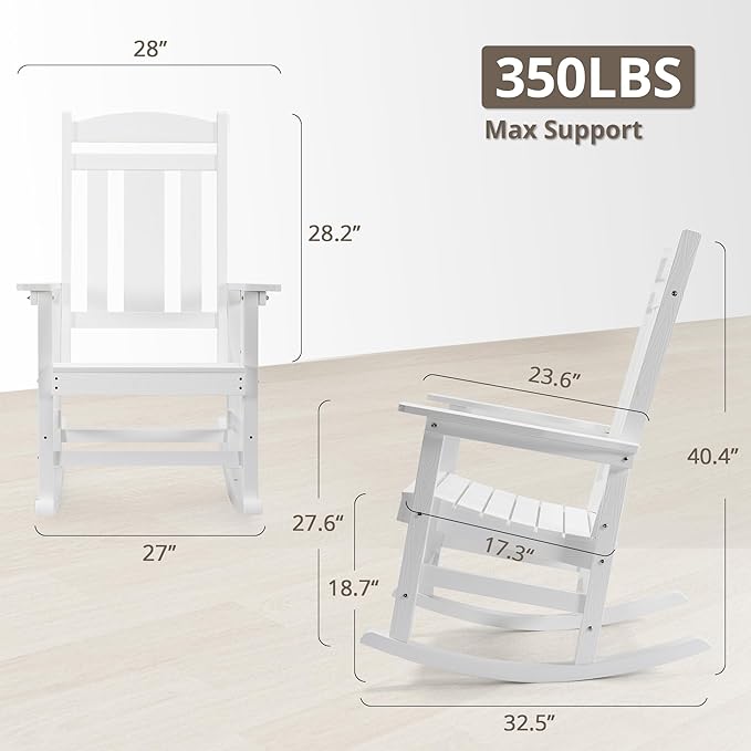 LUE BONA Outdoor Rocking Chairs Set, 3-Piece, HDPS Poly Porch Rockers with Table, Plastic Weather Resistant Rocking Chair Set for Outdoor Indoor, Garden, Backyard, 350lb,White Chairs+Table