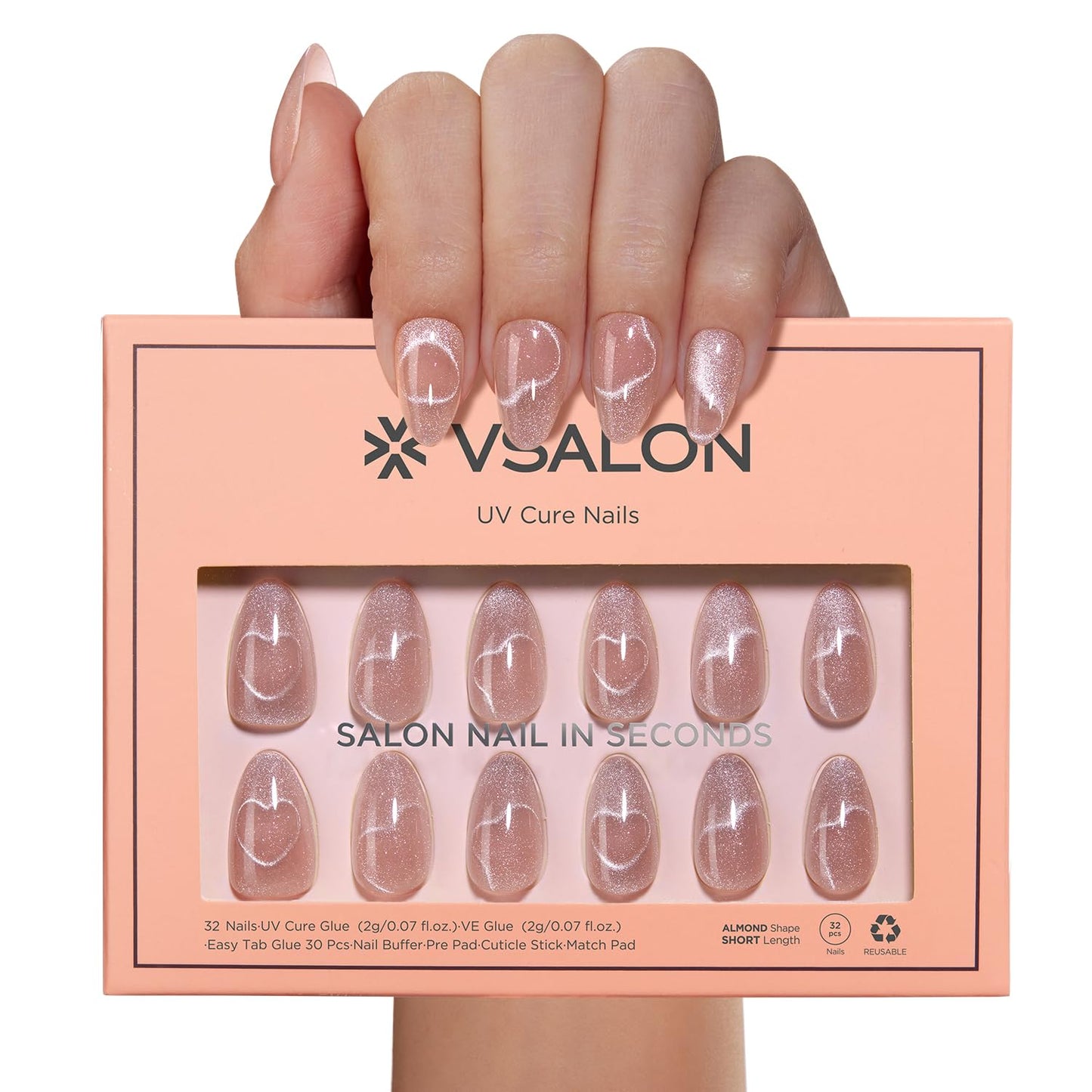 Vsalon Press On Nails Short Almond, Purple Cat Eye & Nude Pink Cat Eye Press On Nails