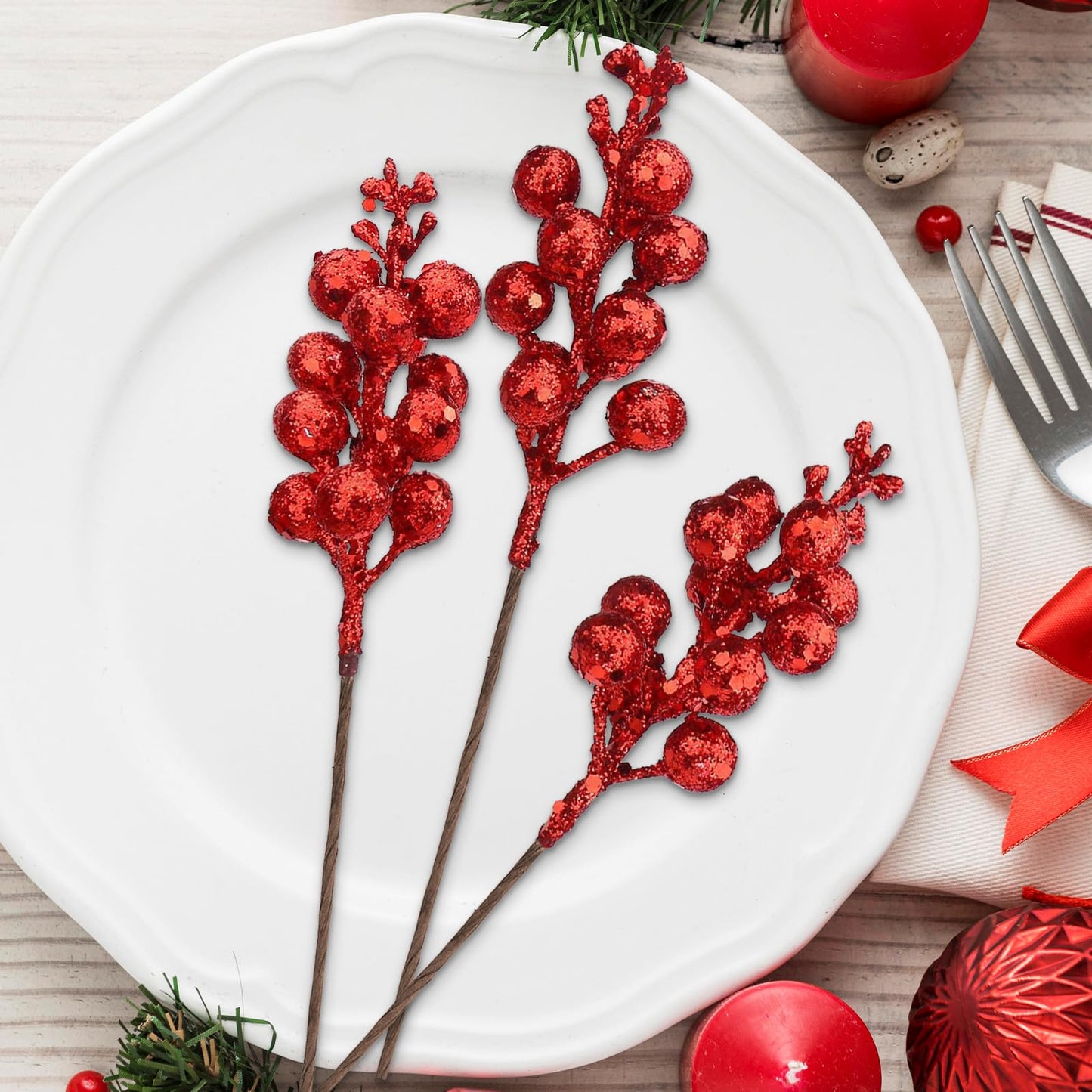 24 Pack 9 Inches Glitter Artificial Berry Stems, 15 Berries per Stem, Christmas Tree Picks Ornaments, DIY Xmas Wreath, Floral Arrangements Home Décor, Winter Wonderland Decoration (24, Red, 9 Inch)