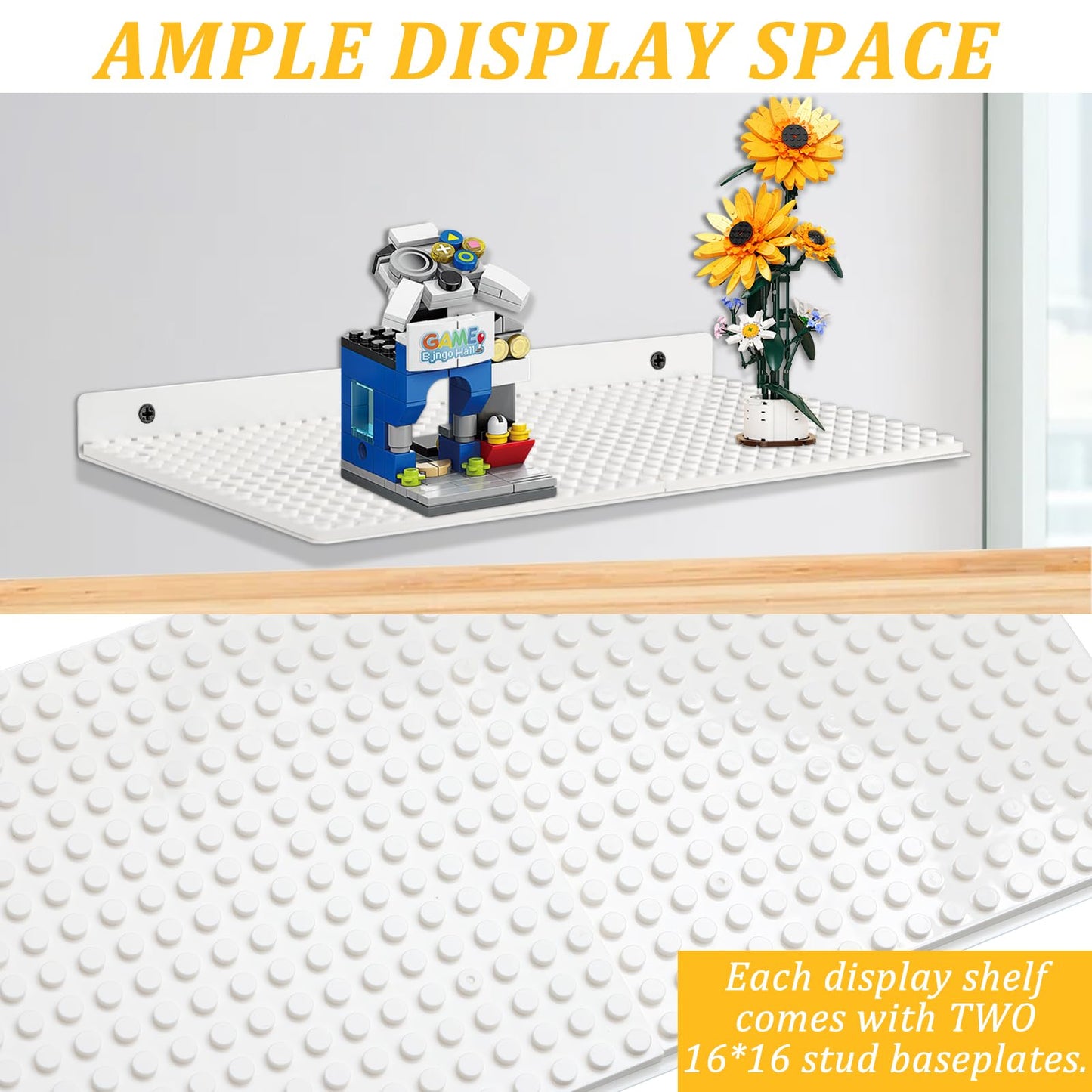 4 Pack Display Shelves for Building Bricks, Display Case Compatible with Brick Building Baseplate, Metal Floating Magnetic Display Cabinet Wall Mounted, Works with Major Building Blocks (4-White)