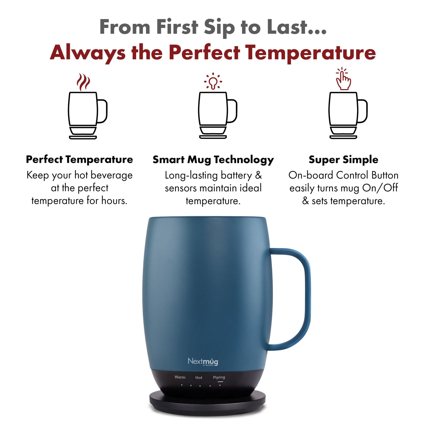Nextmug Plus (Slate Blue - 18 oz.) Temperature-Controlled, Self-Heating Mug – No App, Long-Lasting Battery for Work & Study, Great Gift for Coffee Lovers