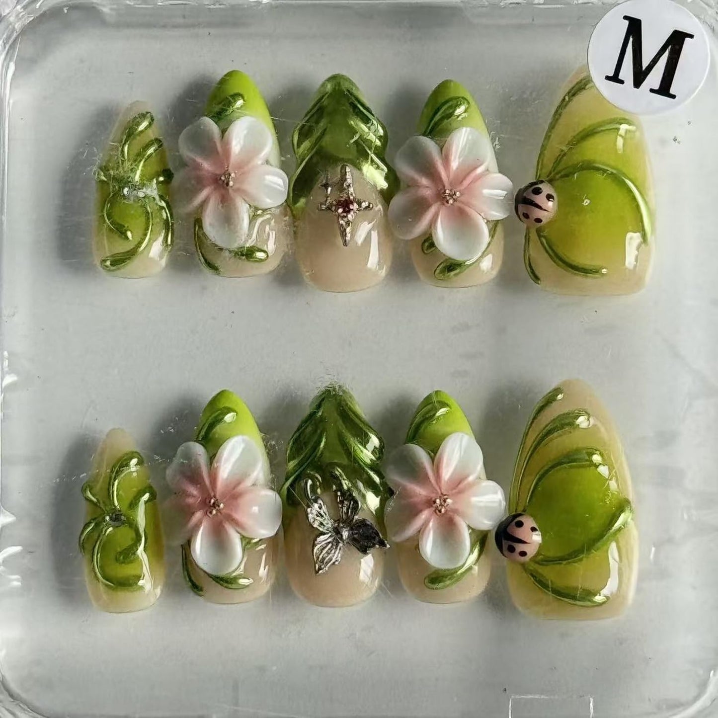 10pcs Green Press on Nail Almonds Shape Fake Nails 3D False Nails with Flower Beetle Butterfly design Handmade Glue on Nails Reusable Acrylic Stick on Nail for Women Summer Manicure Decor （m size）