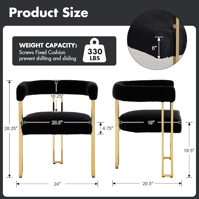 Set of 4 Modern Black Boucle Dining Chairs with Gold Metal Legs, Mid Century Accent Upholstered Barrel Armchairs with Open-Back for Kitchen, Dining Room, Living Room, Apartment