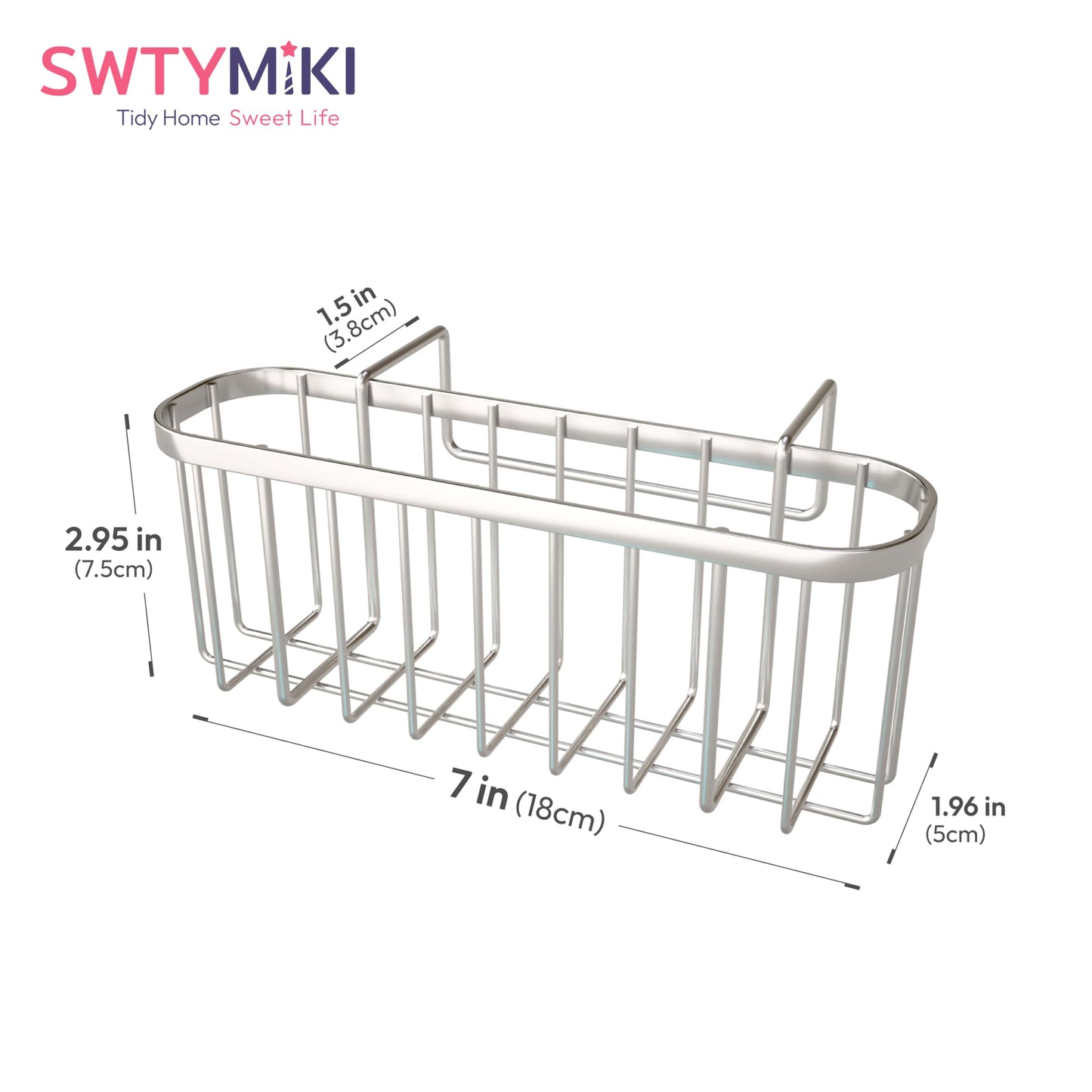 SWTYMIKI Sponge Holder for Kitchen Sink, Movable Kitchen Sink Caddy with Compact Size Rustproof and Waterproof Hanging Sponge Caddy for Double Bowl Sinks, Silver
