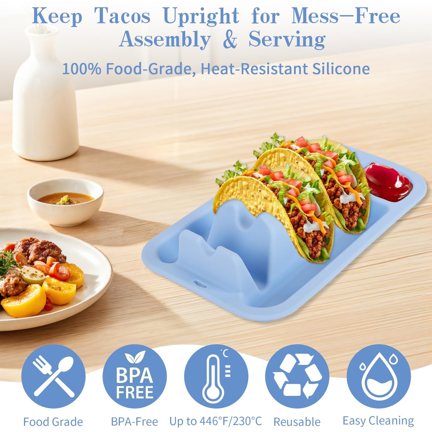 Klyrnd Silicone Taco Holder Set of 2, Reusable Taco Plate with Dividers for Hard & Soft Shells - Microwave & Dishwasher Safe Serving Stand (Blue Green)