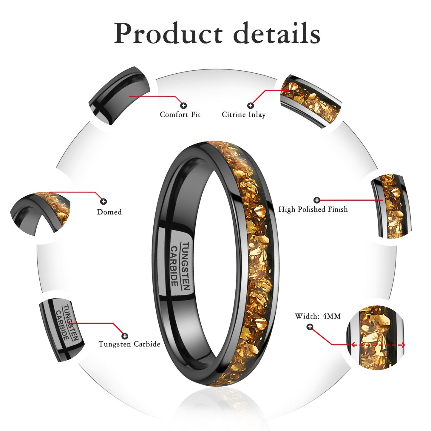 NUNCAD Women's Tungsten Rings 4mm Black Wedding Band Inlaid with Citrine Center Polished Domed Comfort Fit Size 5