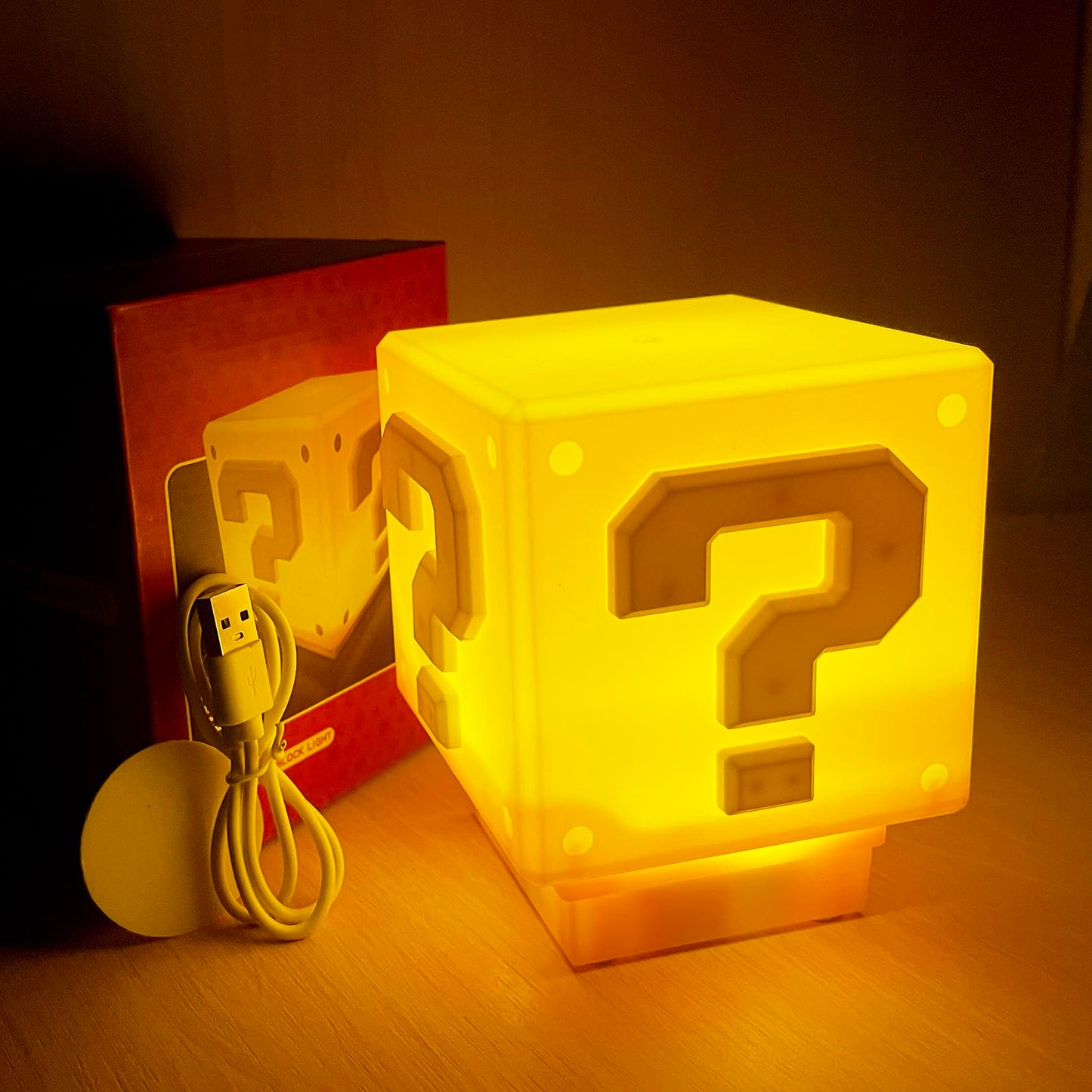 hopanrel Super Bros Question Block Lamp,Square LED Night Light with USB Cable,Table Lamp with Play Game Coin Sound Effect,Bedside Lamp Decor Toy Gift for Boy Girls